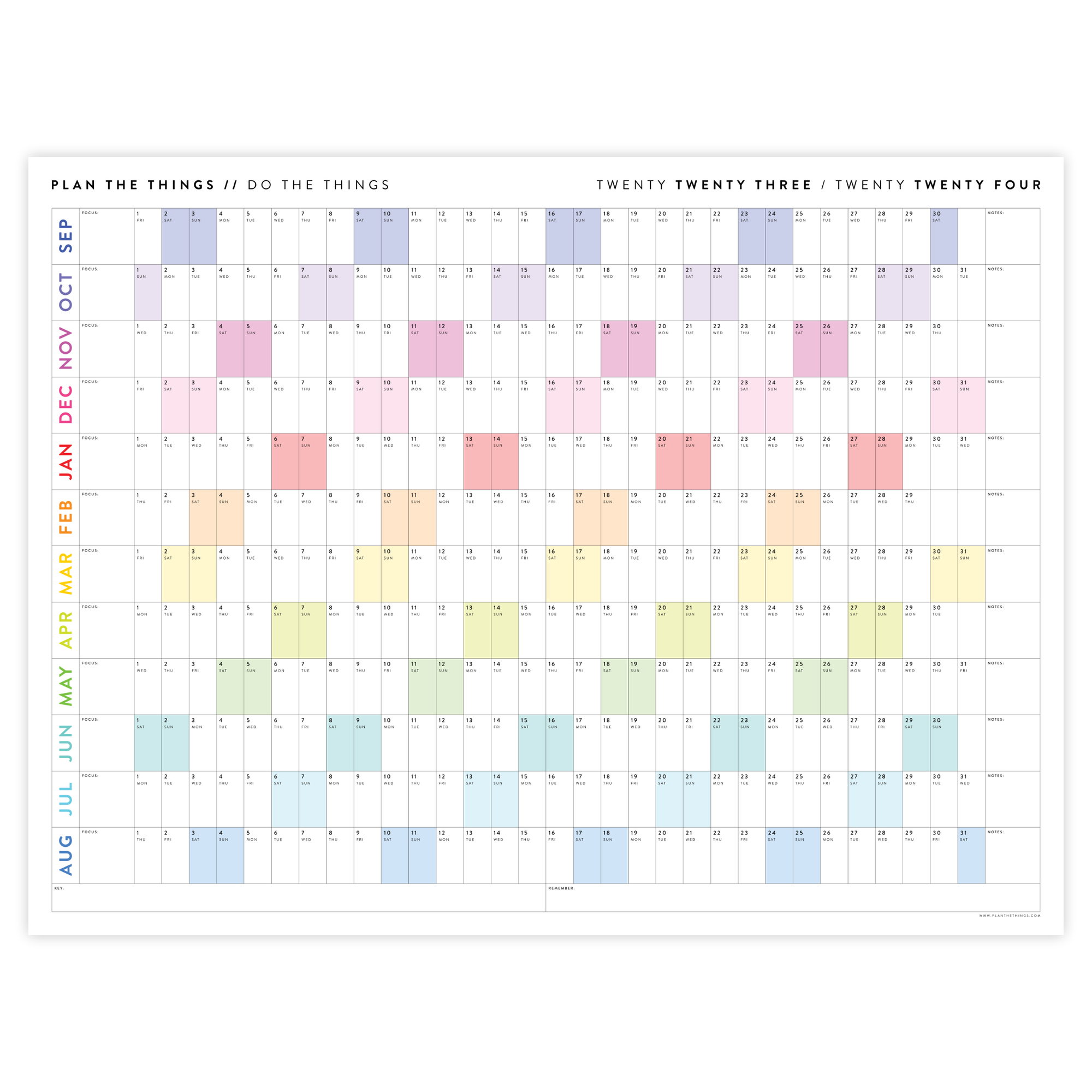 PRINTABLE 2023 / 2024 ACADEMIC WALL CALENDAR (SEPTEMBER START) | HORIZONTAL WITH RAINBOW WEEKENDS - INSTANT DOWNLOAD
