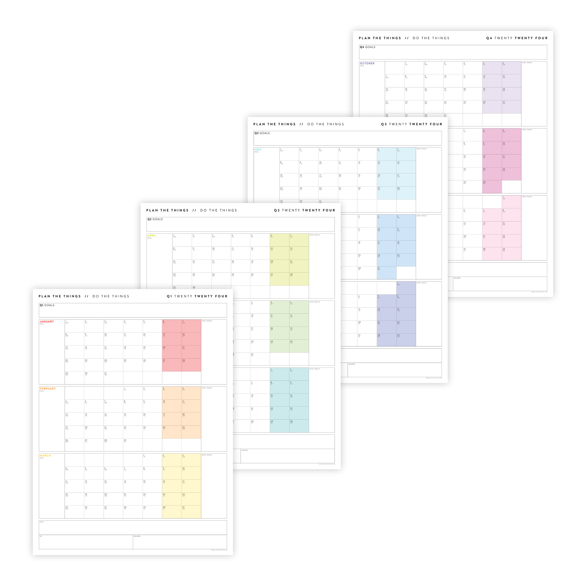 PRINTABLE 2024 QUARTERLY (Q1 + Q2 + Q3 + Q4) WALL CALENDAR BUNDLE (RAINBOW) - INSTANT DOWNLOAD