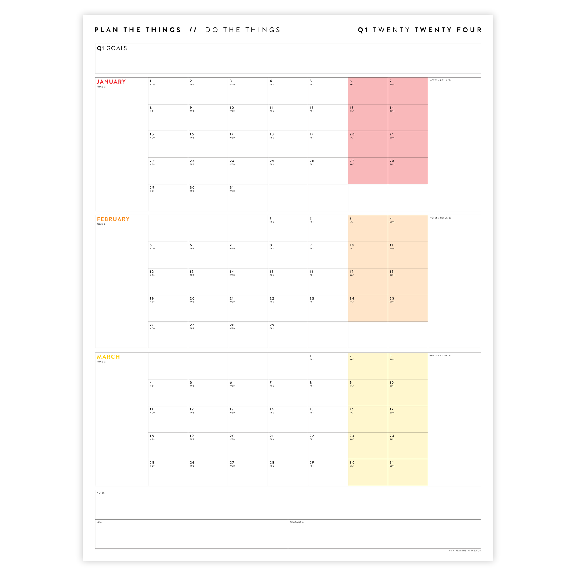 PRINTABLE Q1 (JANUARY - MARCH) 2024 QUARTERLY WALL CALENDAR (RAINBOW) - INSTANT DOWNLOAD