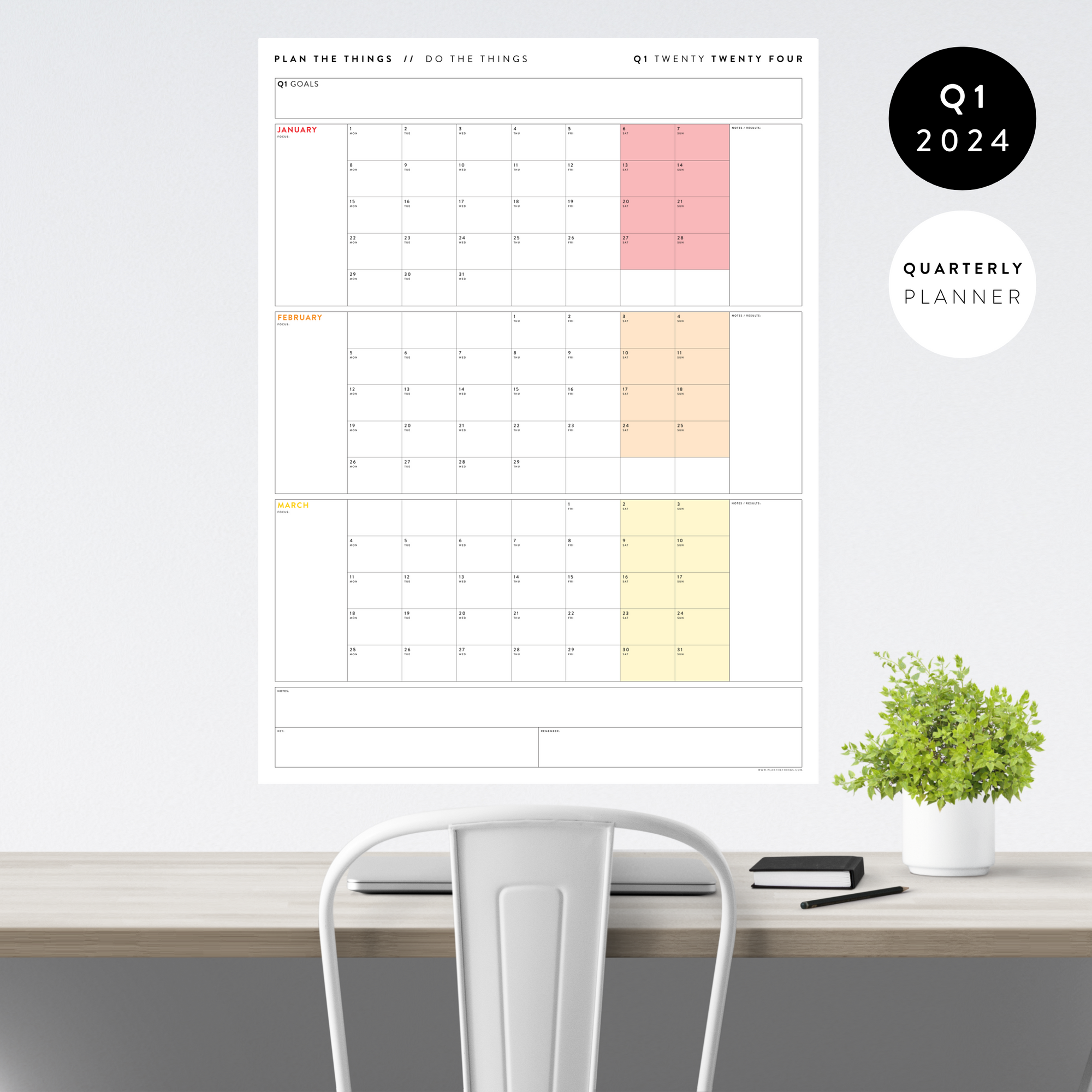Q1 2024 QUARTERLY GIANT WALL CALENDAR (JANUARY - MARCH 2024) - RAINBOW WEEKENDS
