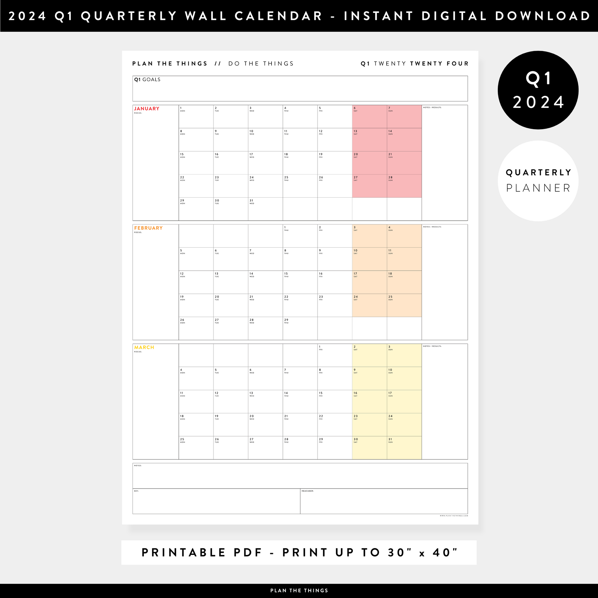 PRINTABLE Q1 (JANUARY - MARCH) 2024 QUARTERLY WALL CALENDAR (RAINBOW) - INSTANT DOWNLOAD