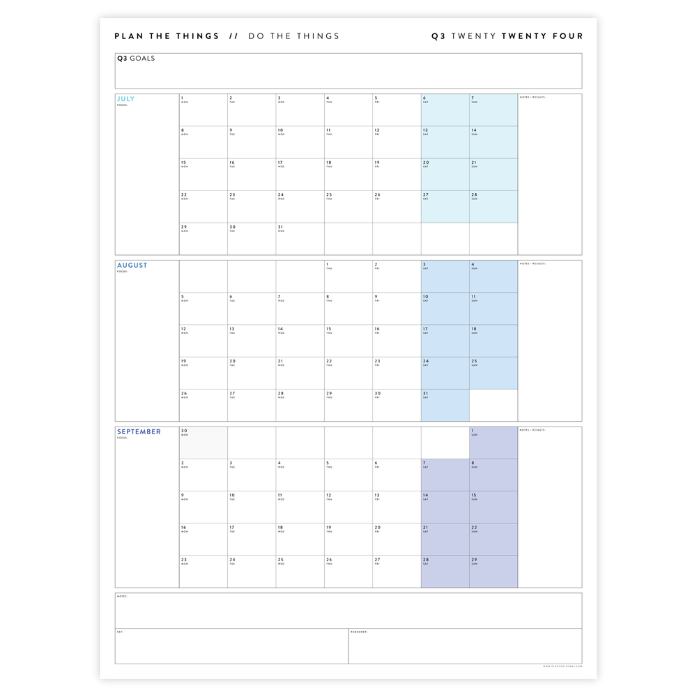 PRINTABLE 2024 Q3 (JULY SEPTEMBER) QUARTERLY CALENDARS // INSTANT DO