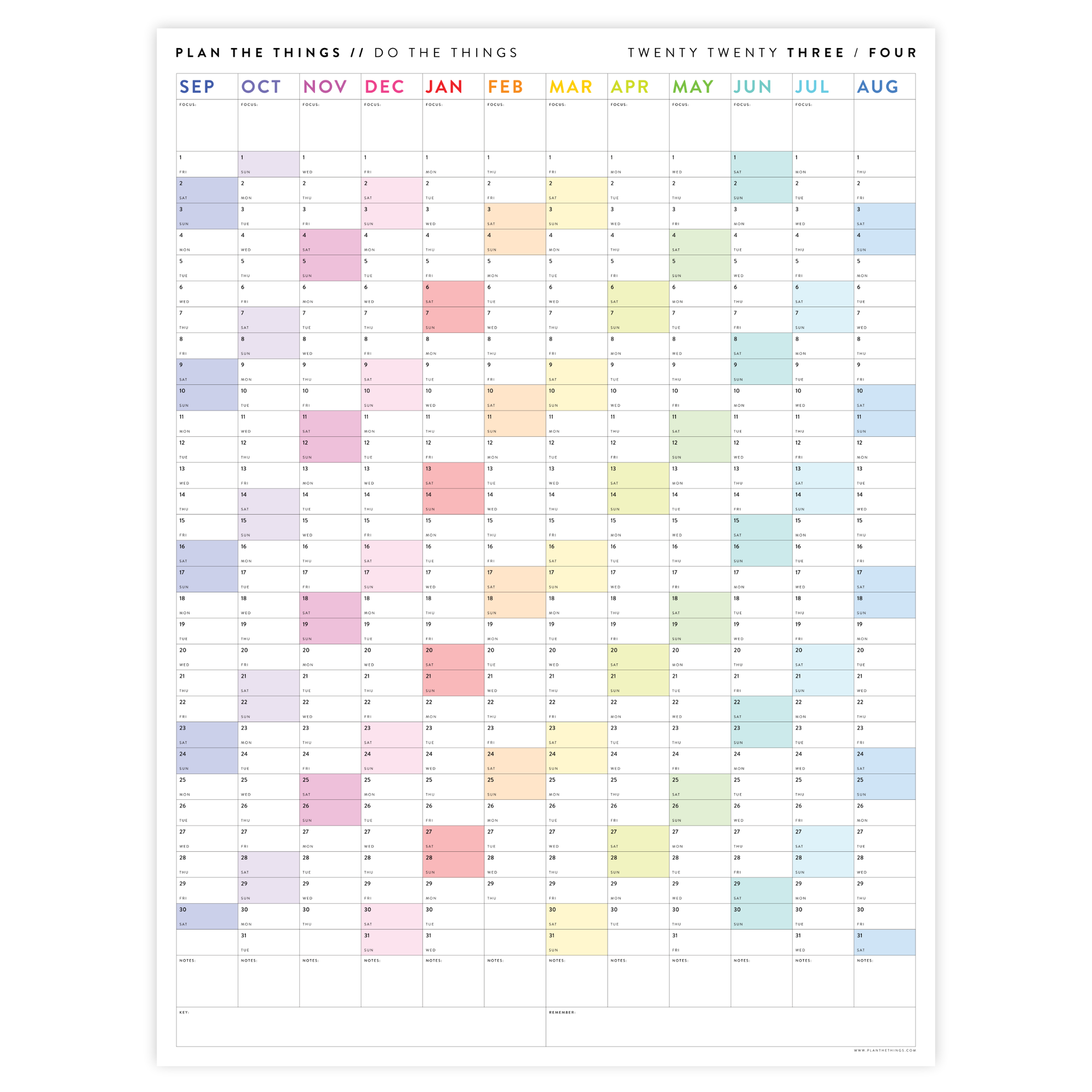 PRINTABLE 2023 / 2024 ACADEMIC WALL CALENDAR (SEPTEMBER START) | VERTICAL WITH RAINBOW WEEKENDS - INSTANT DOWNLOAD