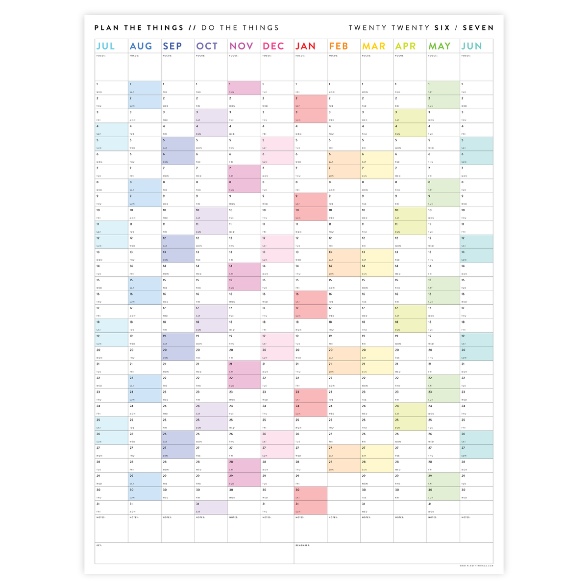 PRINTABLE 2026 - 2027 ACADEMIC WALL CALENDAR (JULY START) | VERTICAL WITH RAINBOW WEEKENDS - INSTANT DOWNLOAD
