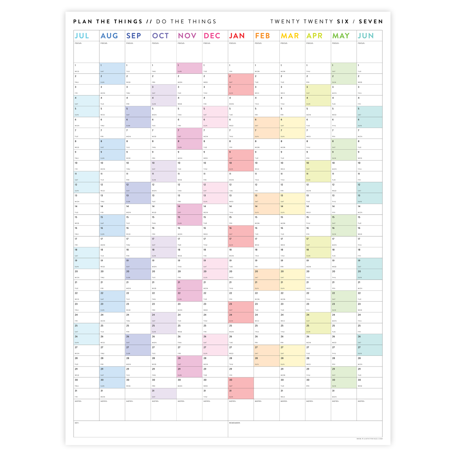 2026 - 2027 ACADEMIC WALL CALENDAR (JULY START) | VERTICAL WITH RAINBOW WEEKENDS