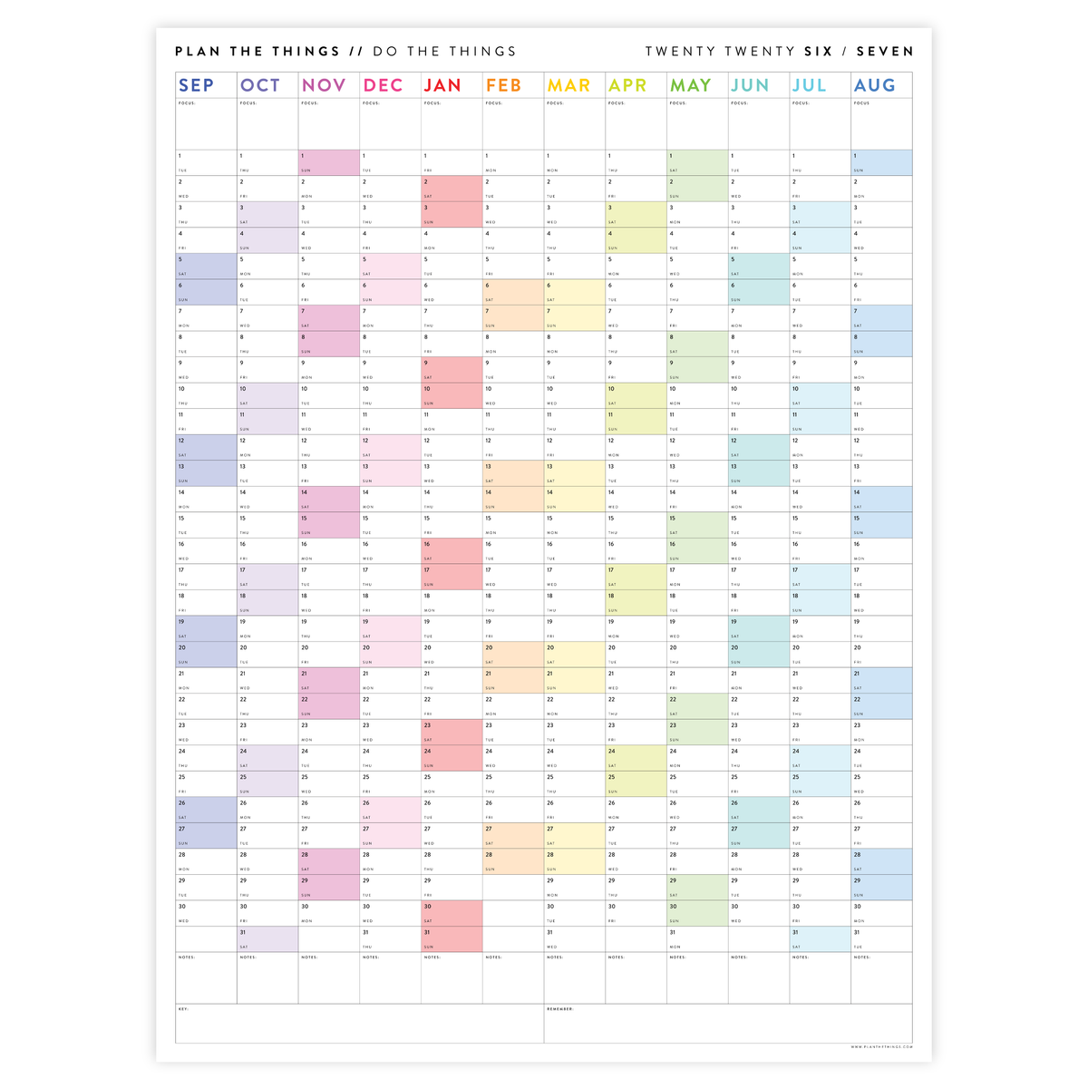 PRINTABLE 2026 - 2027 ACADEMIC WALL CALENDAR (SEPTEMBER START) | VERTICAL WITH RAINBOW WEEKENDS - INSTANT DOWNLOAD