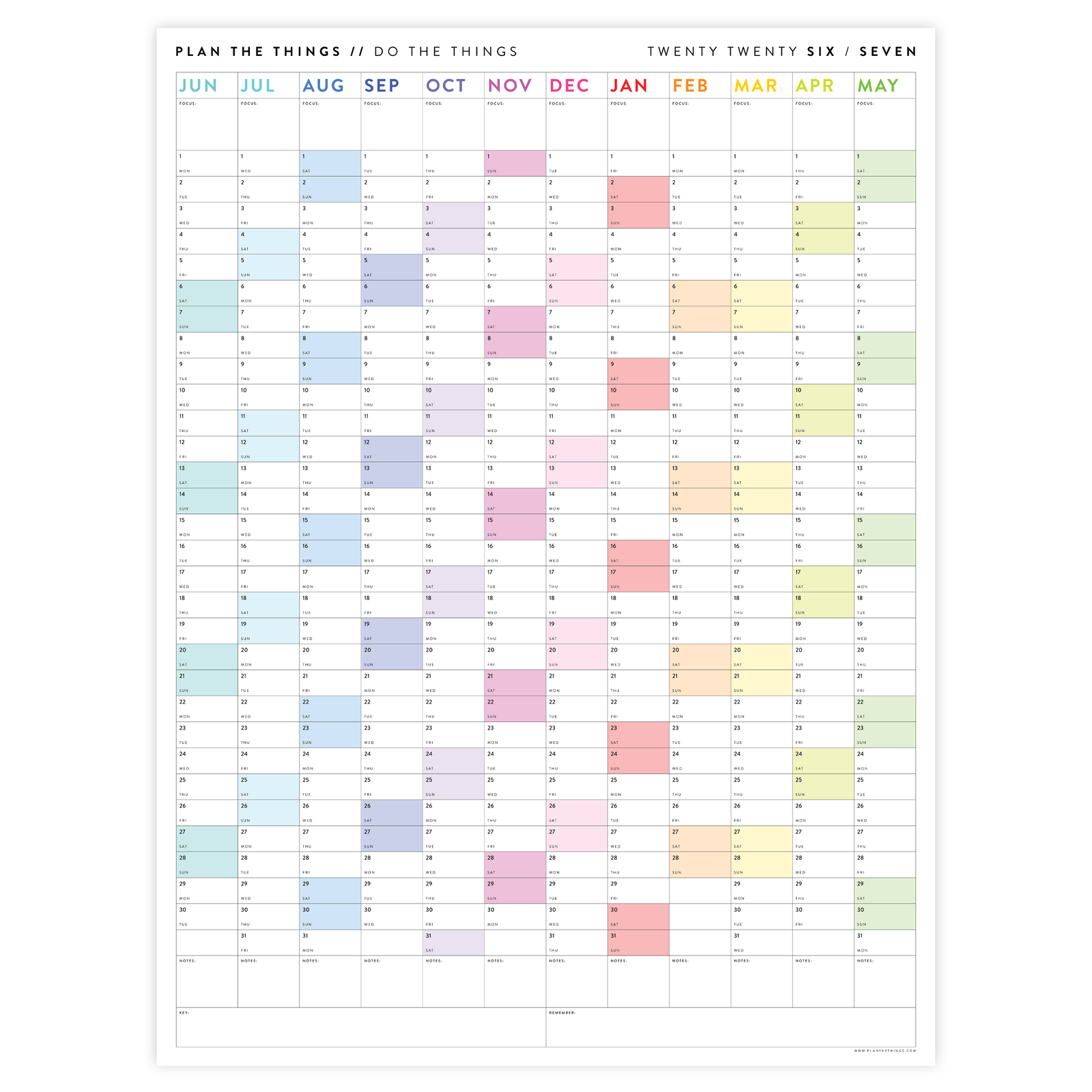 2026- 2027 ACADEMIC WALL CALENDAR (JUNE START) | VERTICAL WITH RAINBOW WEEKENDS