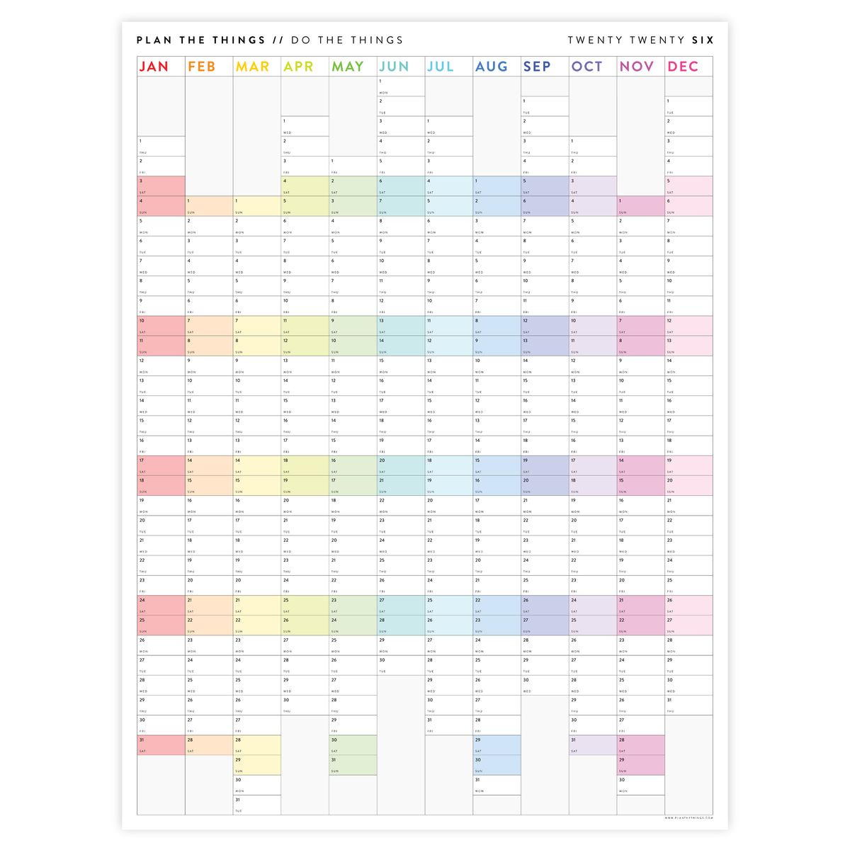 NEW! PRINTABLE VERTICAL 2026 WALL CALENDAR WITH ALIGNED RAINBOW WEEKENDS - INSTANT DOWNLOAD