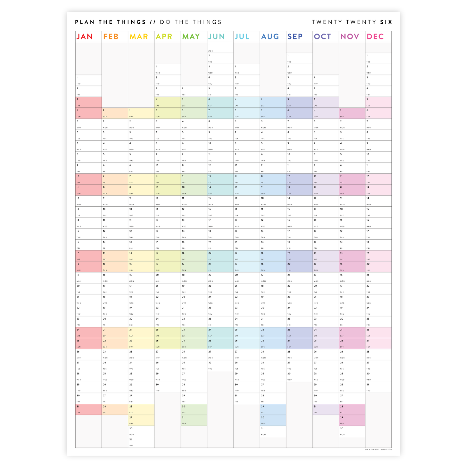 NEW FORMAT! GIANT 2026 ANNUAL WALL CALENDAR | VERTICAL WITH RAINBOW ALIGNED WEEKENDS