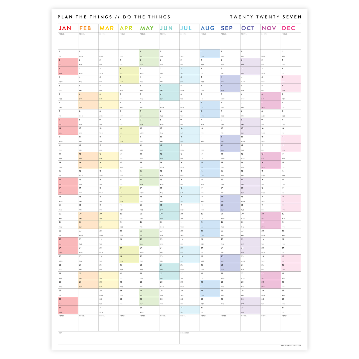 PRINTABLE VERTICAL 2027 WALL CALENDAR WITH RAINBOW WEEKENDS - INSTANT DOWNLOAD