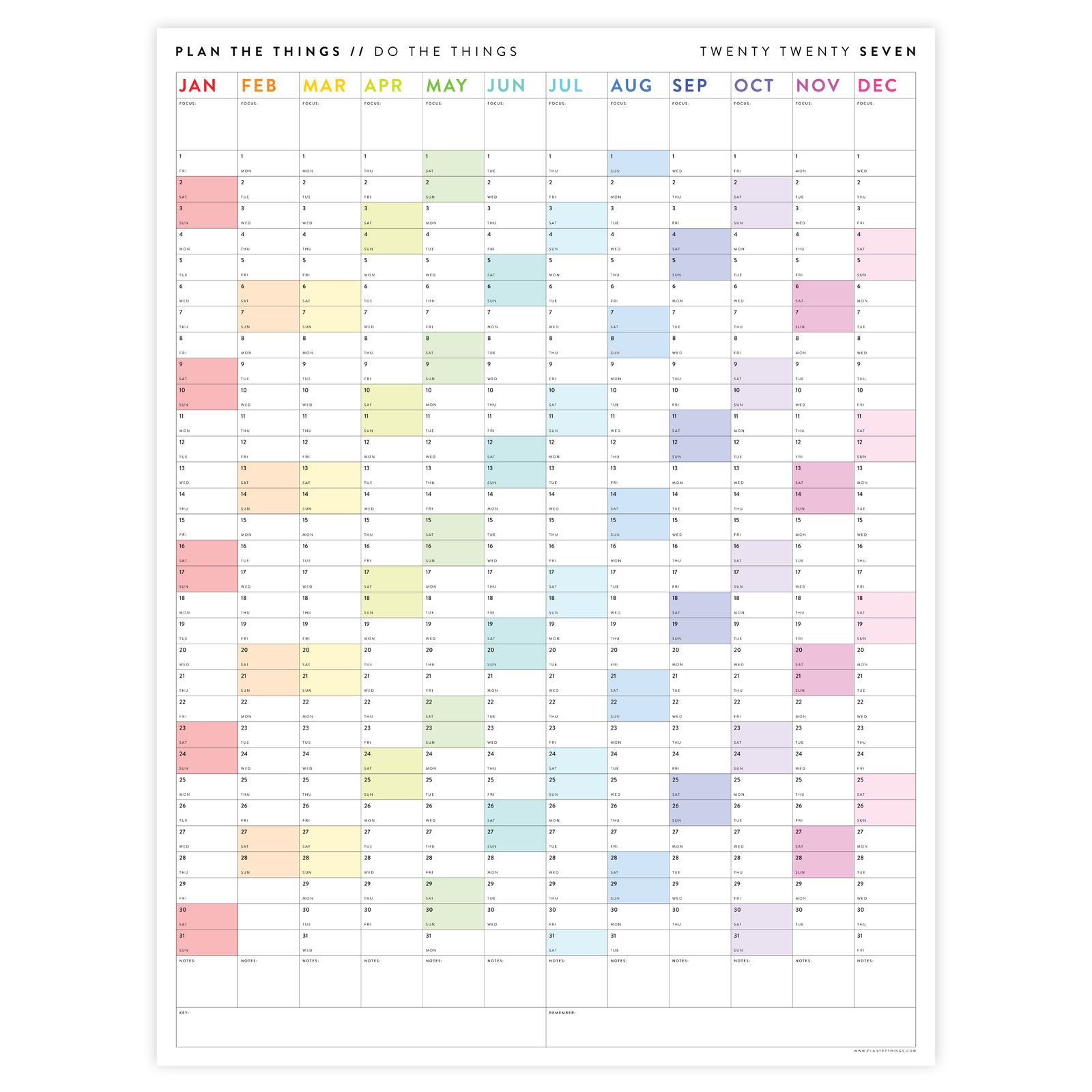 PRINTABLE VERTICAL 2027 WALL CALENDAR WITH RAINBOW WEEKENDS - INSTANT DOWNLOAD