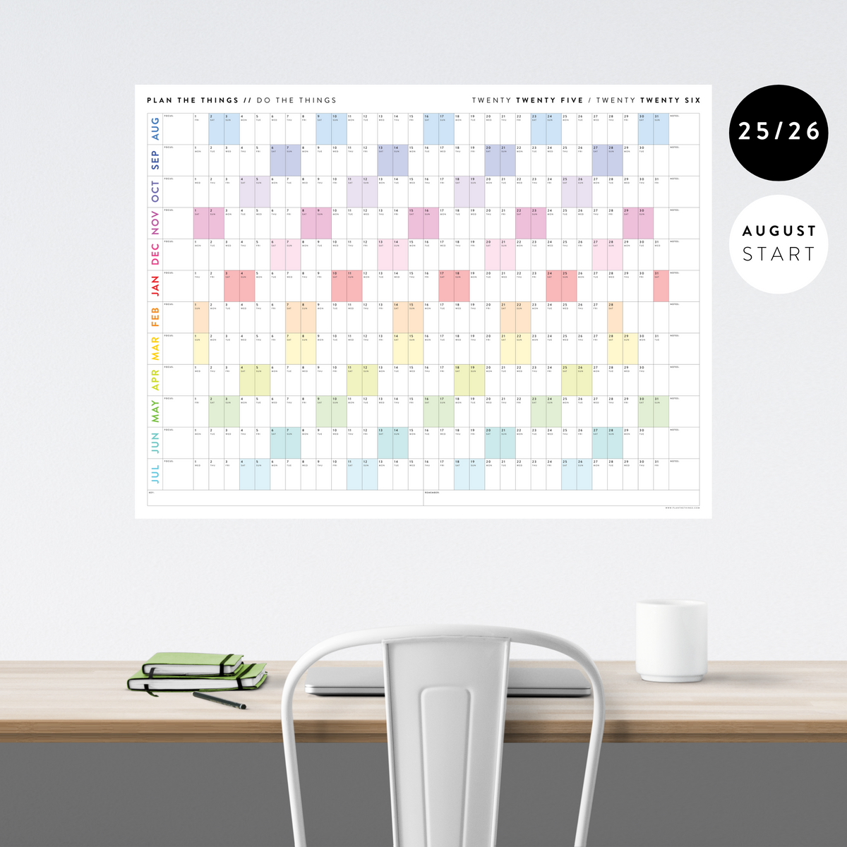 2025 - 2026 ACADEMIC WALL CALENDAR (AUGUST START) | SCHOOL CALENDAR | HORIZONTAL WITH RAINBOW WEEKENDS