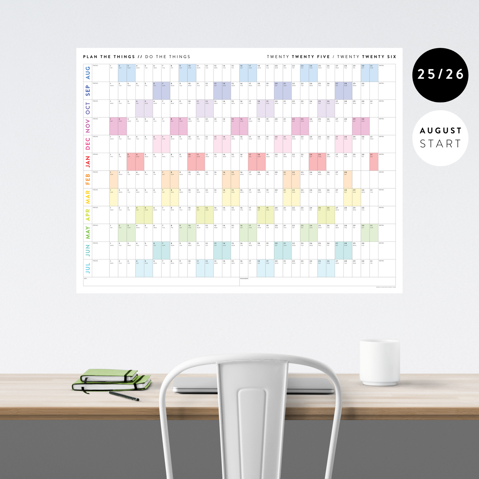 2025 - 2026 ACADEMIC WALL CALENDAR (AUGUST START) | SCHOOL CALENDAR | HORIZONTAL WITH RAINBOW WEEKENDS