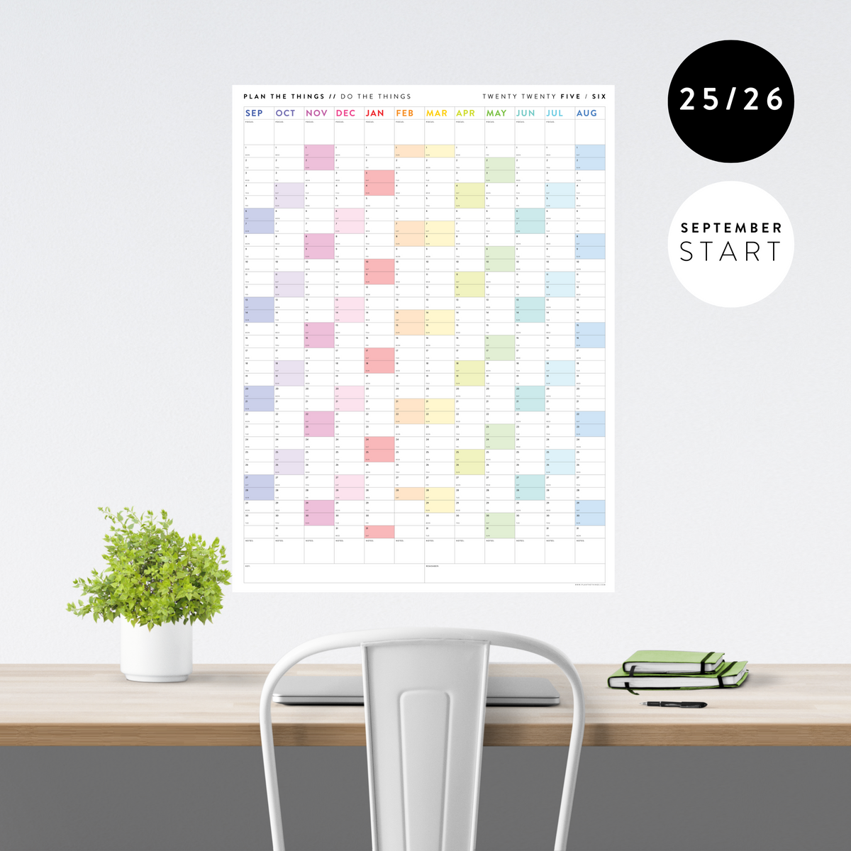 PRINTABLE 2025 - 2026 ACADEMIC WALL CALENDAR (SEPTEMBER START) | VERTICAL WITH RAINBOW WEEKENDS - INSTANT DOWNLOAD