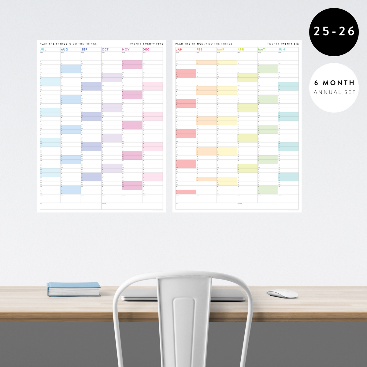 PRINTABLE SIX MONTH 2025 -2026 ACADEMIC YEAR WALL CALENDAR SET WITH RAINBOW WEEKENDS - INSTANT DOWNLOAD