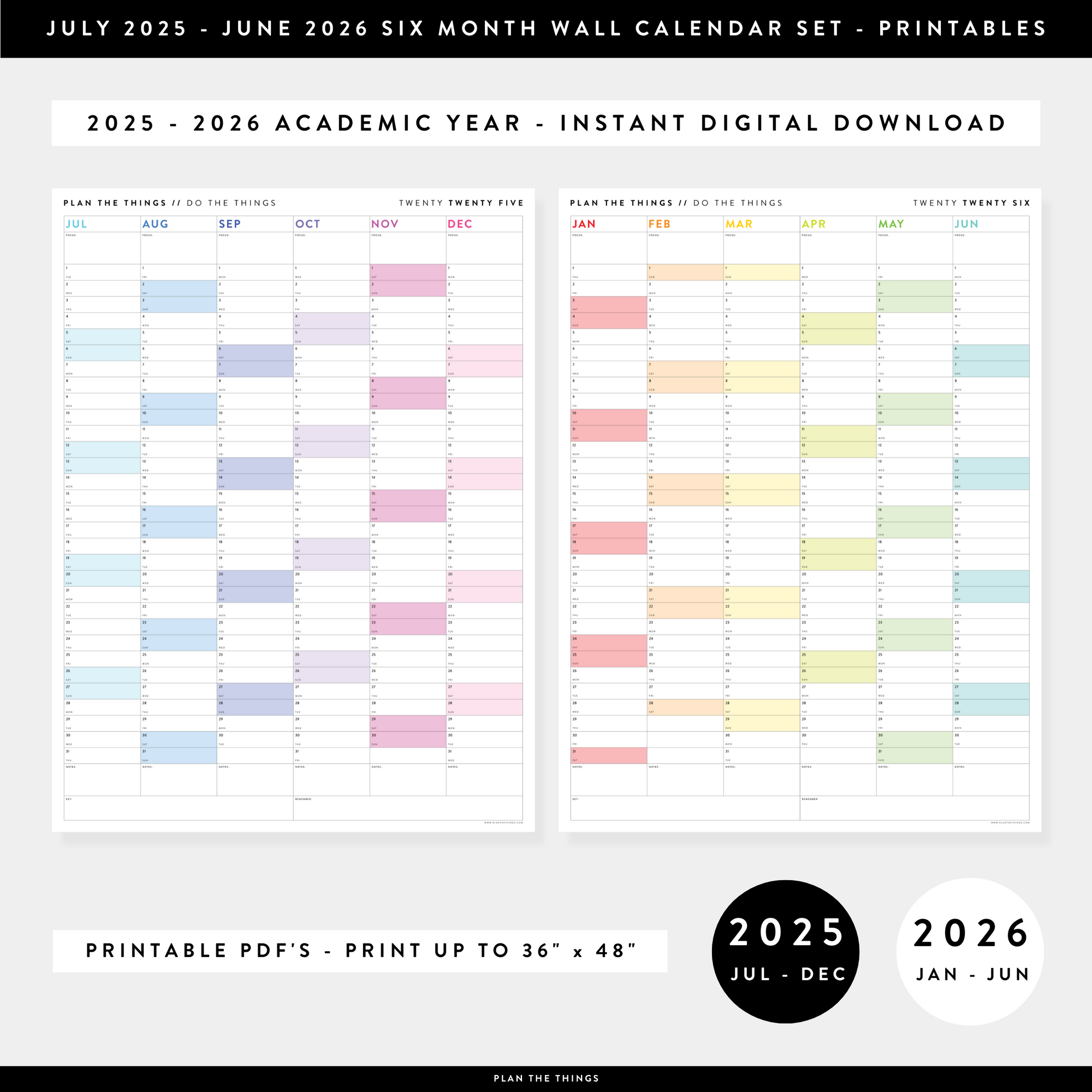 PRINTABLE SIX MONTH 2025 -2026 ACADEMIC YEAR WALL CALENDAR SET WITH RAINBOW WEEKENDS - INSTANT DOWNLOAD