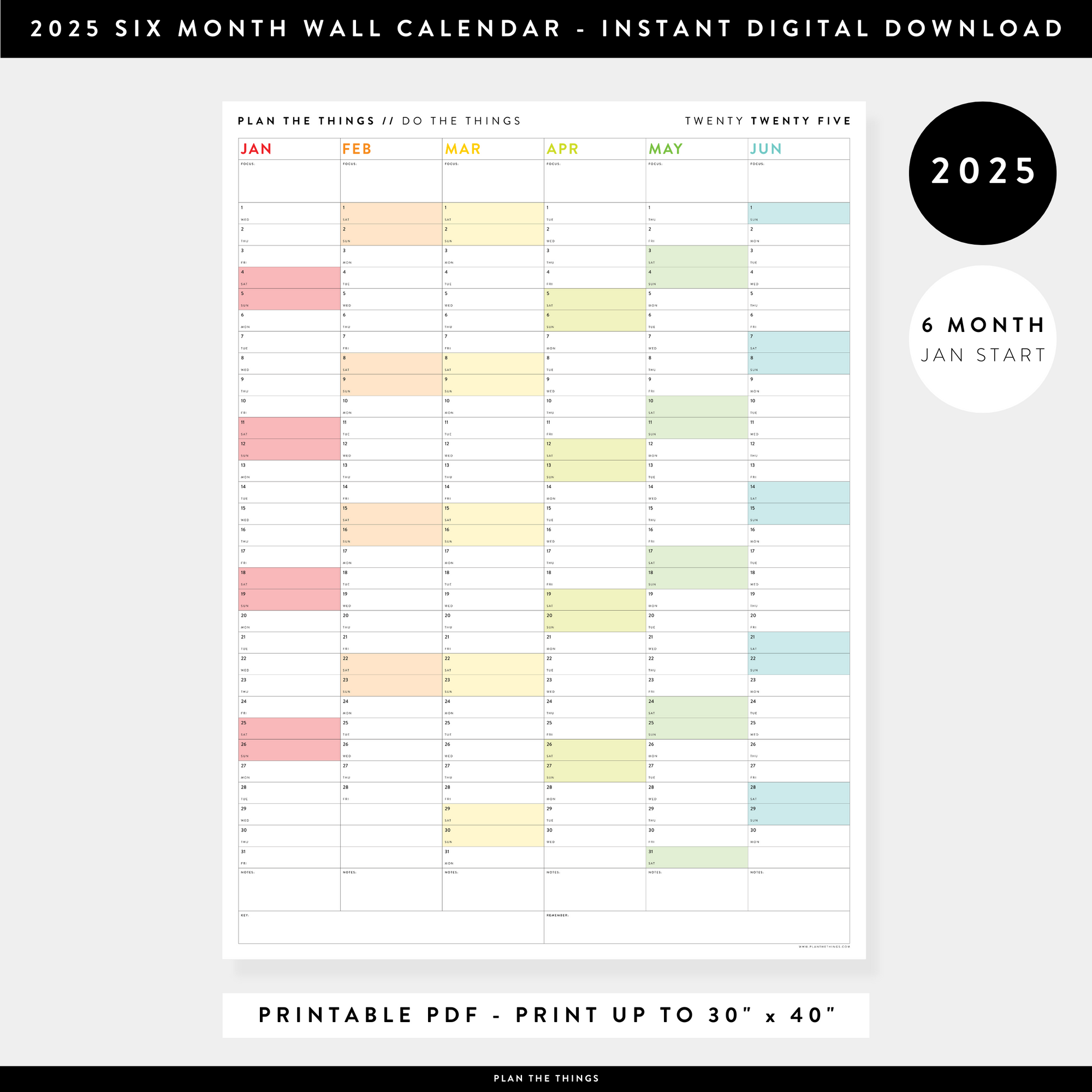 PRINTABLE SIX MONTH 2025 WALL CALENDAR (JANUARY TO JUNE) WITH RAINBOW WEEKENDS - INSTANT DOWNLOAD