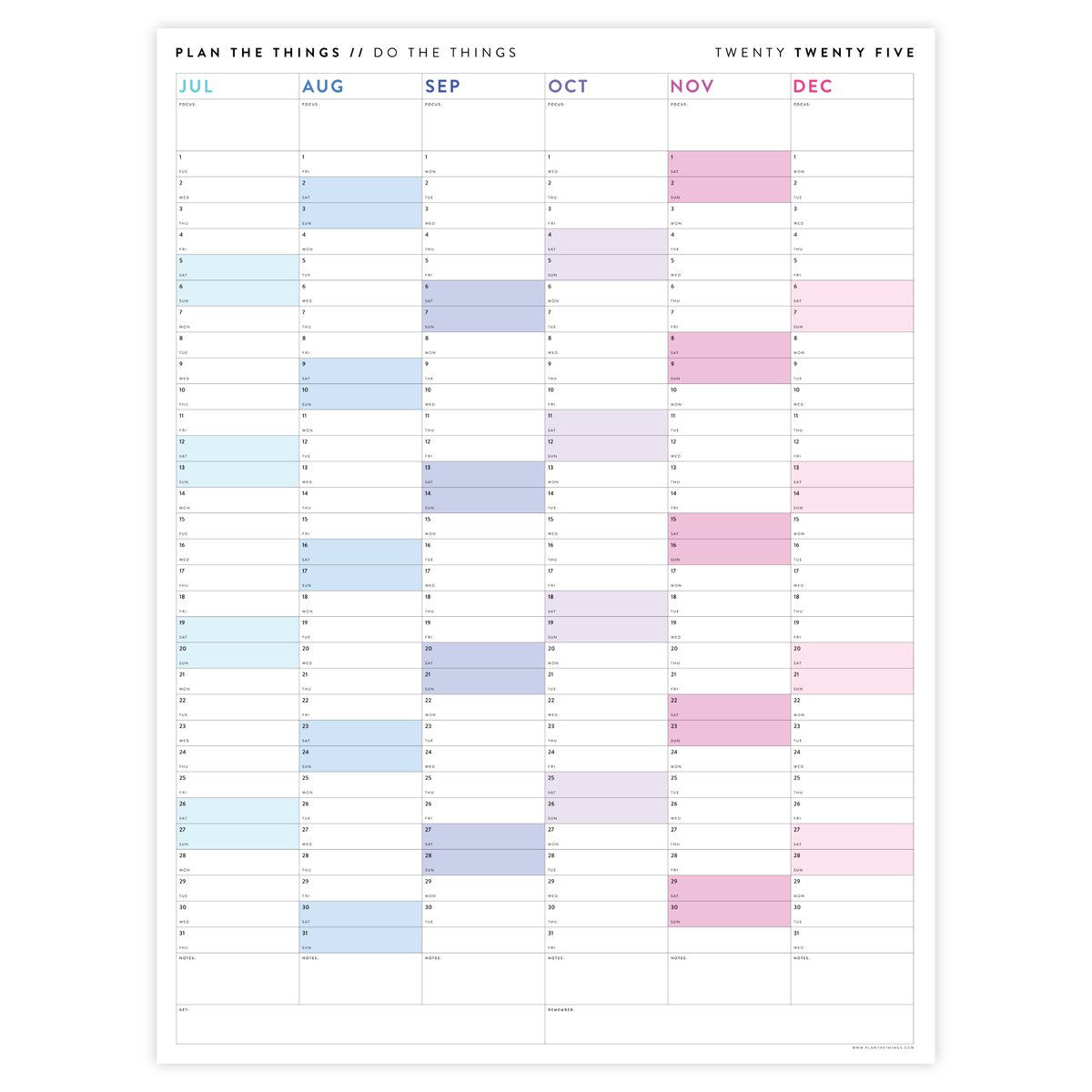 SIX MONTH 2025 GIANT WALL CALENDAR (JULY TO DECEMBER) WITH RAINBOW WEEKENDS