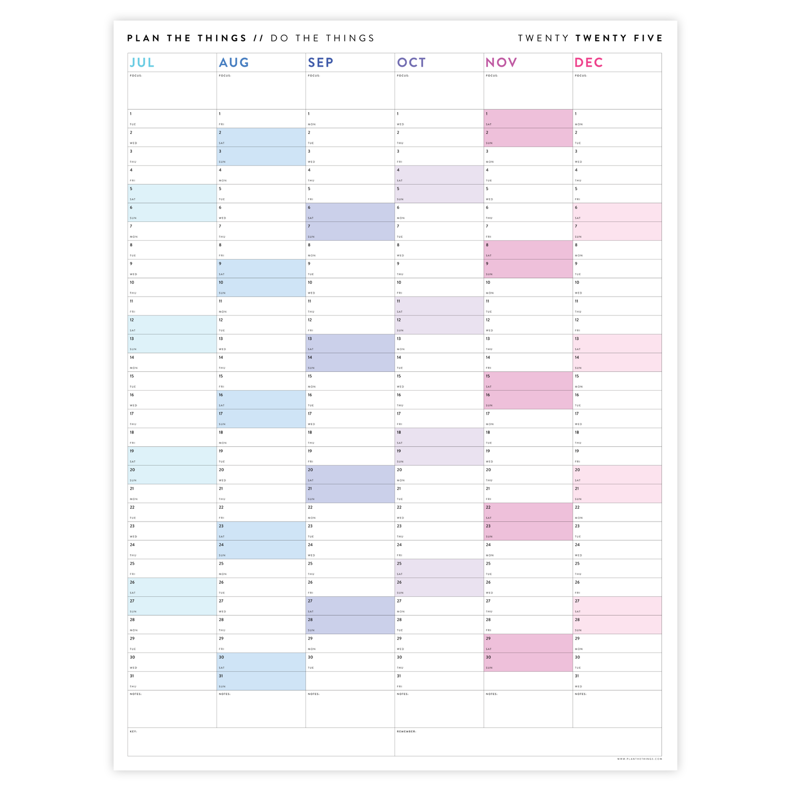 SIX MONTH 2025 GIANT WALL CALENDAR (JULY TO DECEMBER) WITH RAINBOW WEEKENDS