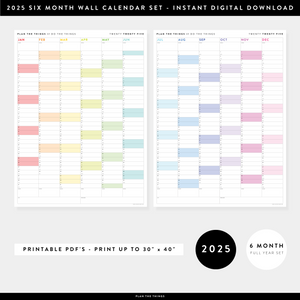 PRINTABLE SIX MONTH 2025 WALL CALENDAR SET WITH RAINBOW WEEKENDS - INSTANT DOWNLOAD