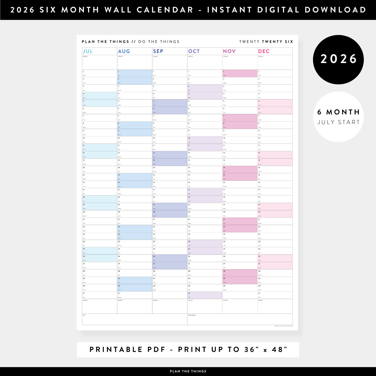 PRINTABLE SIX MONTH 2026 WALL CALENDAR (JULY TO DECEMBER) WITH RAINBOW WEEKENDS - INSTANT DOWNLOAD