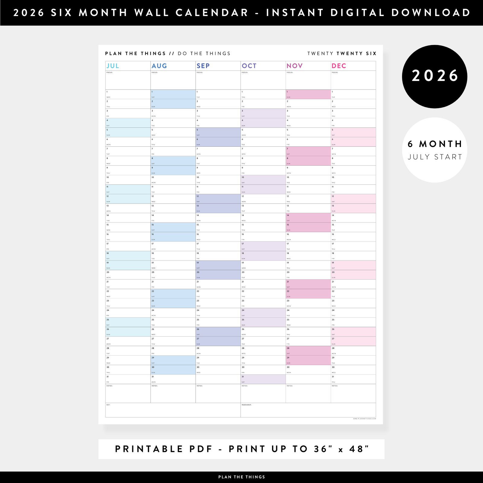 PRINTABLE SIX MONTH 2026 WALL CALENDAR (JULY TO DECEMBER) WITH RAINBOW WEEKENDS - INSTANT DOWNLOAD