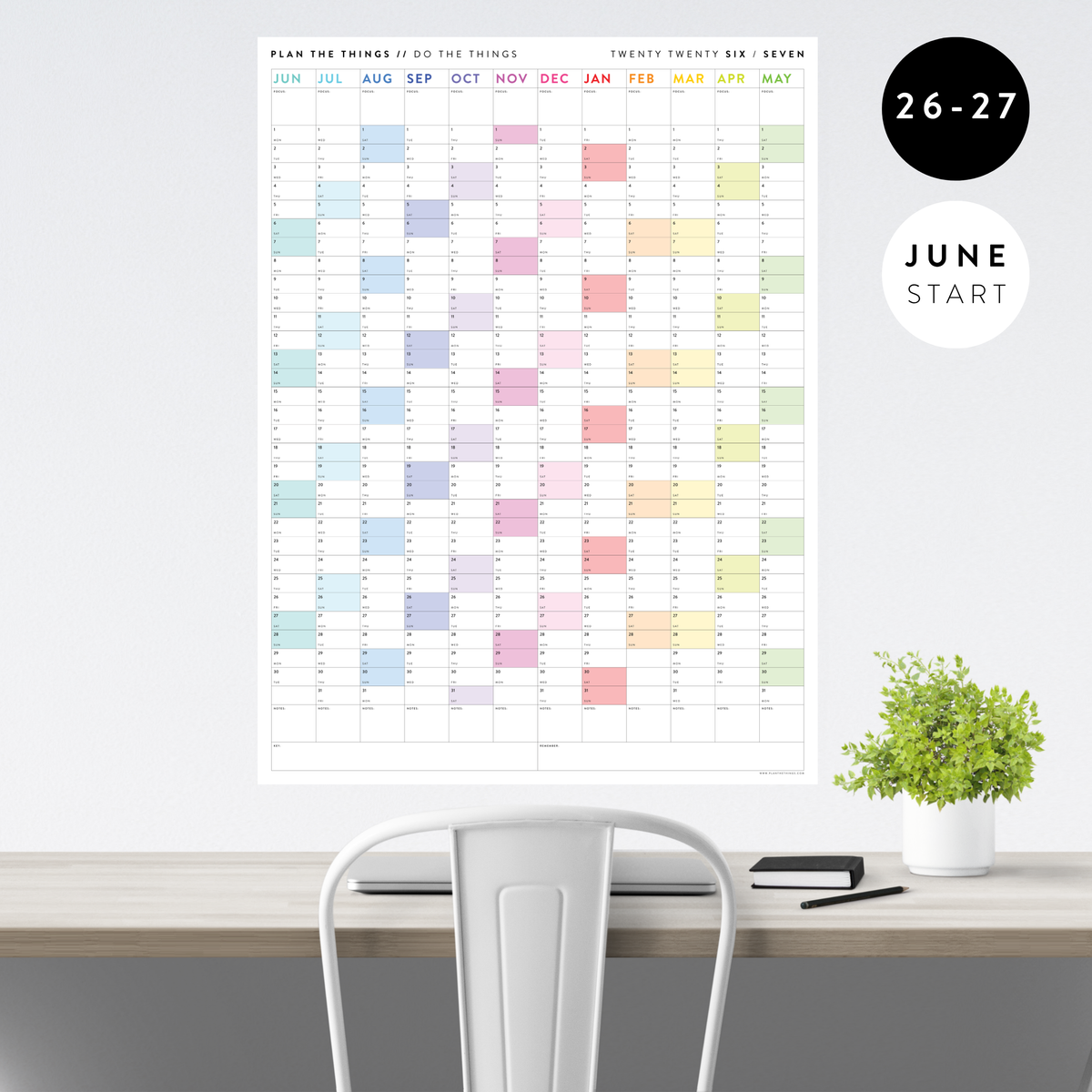 2026- 2027 ACADEMIC WALL CALENDAR (JUNE START) | VERTICAL WITH RAINBOW WEEKENDS