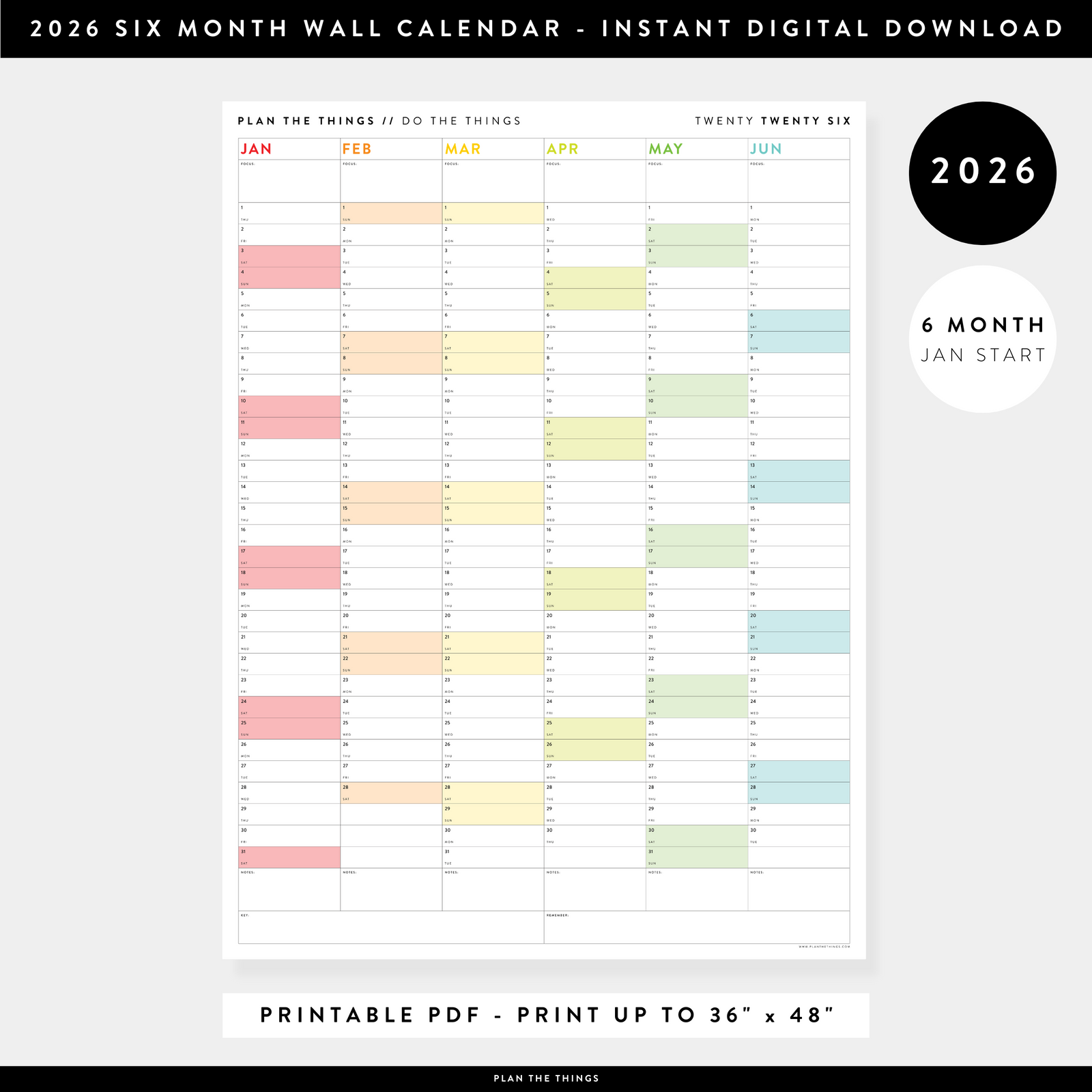 PRINTABLE SIX MONTH 2026 WALL CALENDAR (JANUARY TO JUNE) WITH RAINBOW WEEKENDS - INSTANT DOWNLOAD