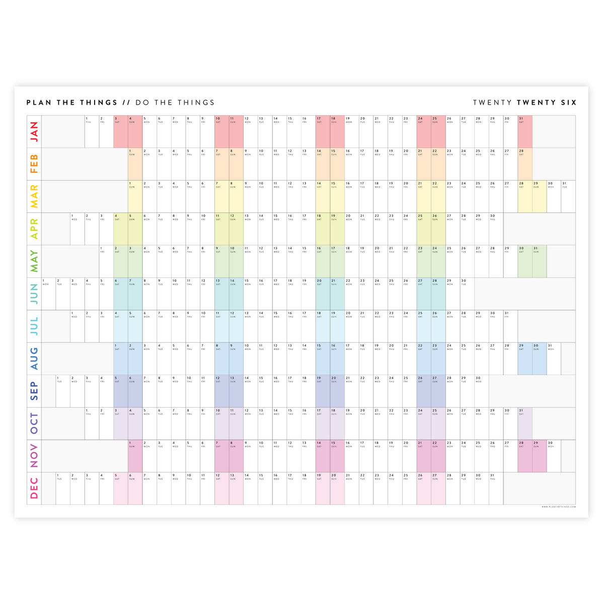 NEW! PRINTABLE 2026 HORIZONTAL WALL CALENDAR WITH ALIGNED WEEKENDS - INSTANT DOWNLOAD PRINT UP TO 48" x 36"
