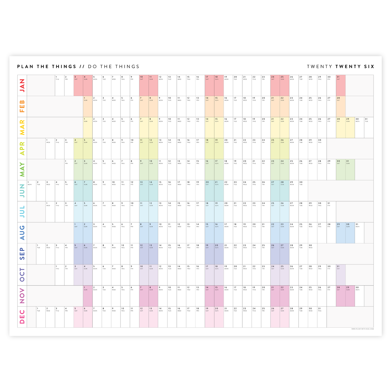 NEW! PRINTABLE 2026 HORIZONTAL WALL CALENDAR WITH ALIGNED WEEKENDS - INSTANT DOWNLOAD PRINT UP TO 48" x 36"