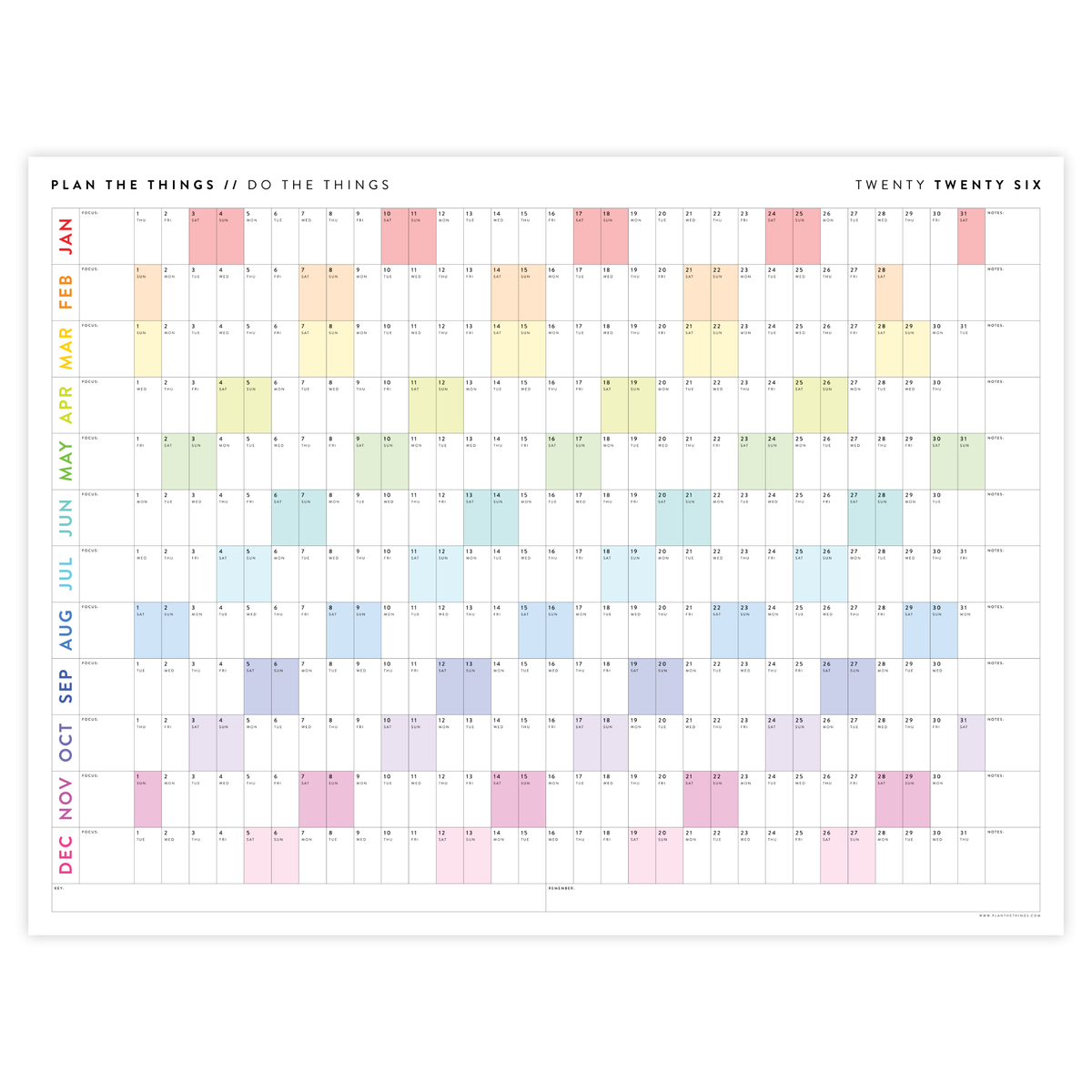 GIANT 2026 ANNUAL WALL CALENDAR | HORIZONTAL WITH RAINBOW WEEKENDS