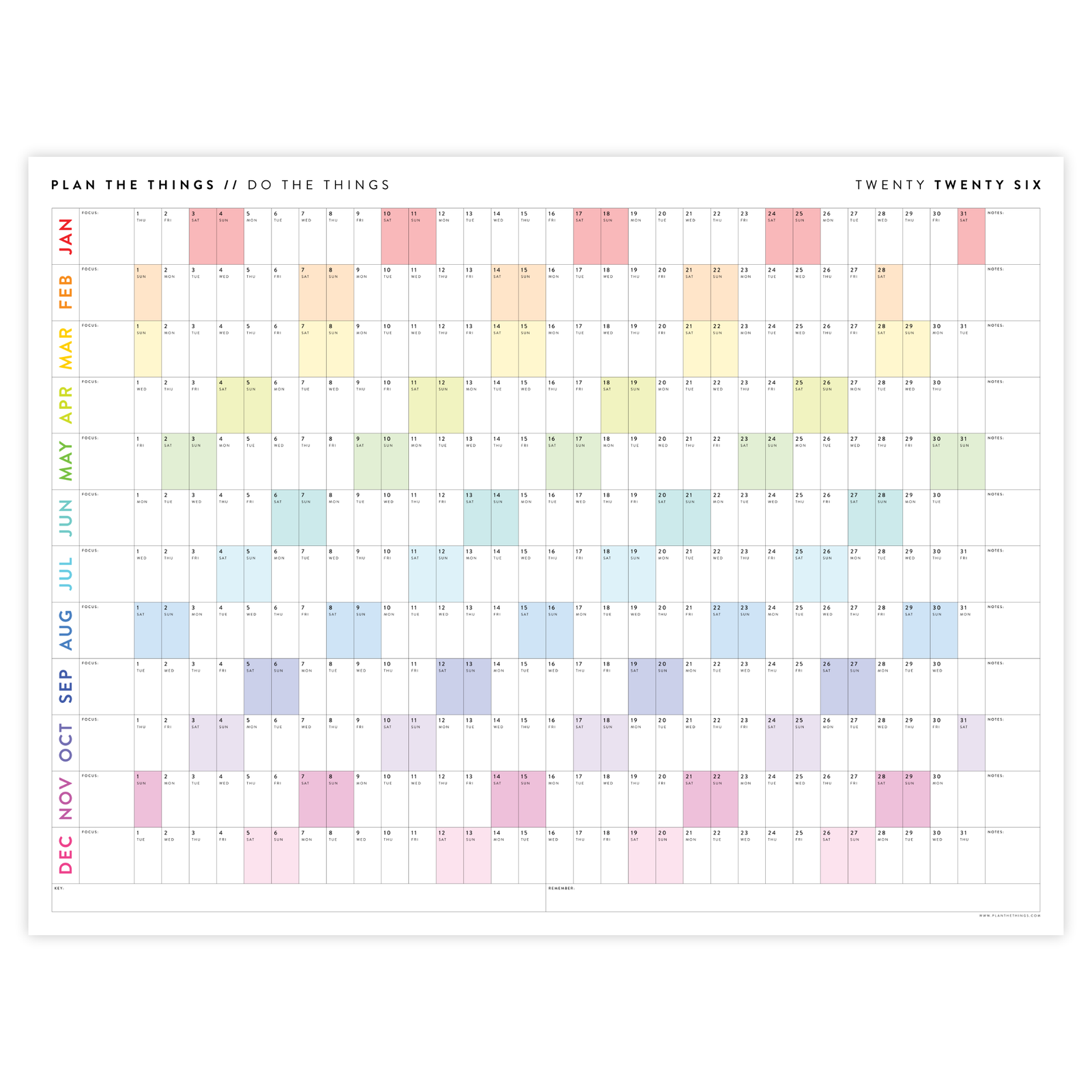 GIANT 2026 ANNUAL WALL CALENDAR | HORIZONTAL WITH RAINBOW WEEKENDS