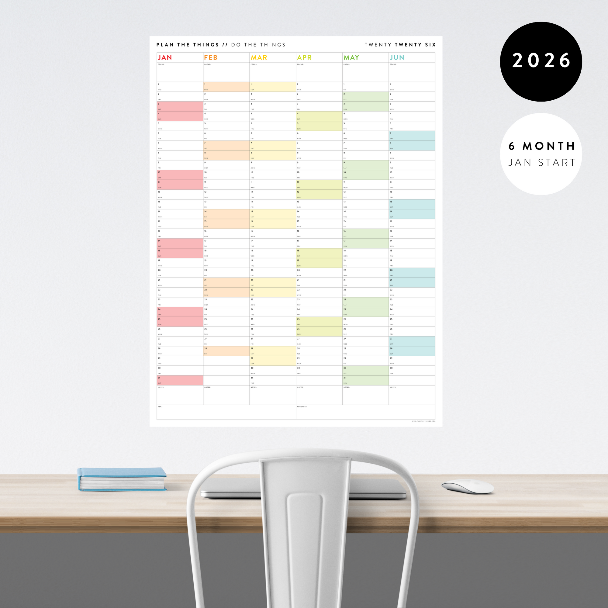 SIX MONTH 2026 GIANT WALL CALENDAR (JANUARY TO JUNE)  WITH RAINBOW WEEKENDS