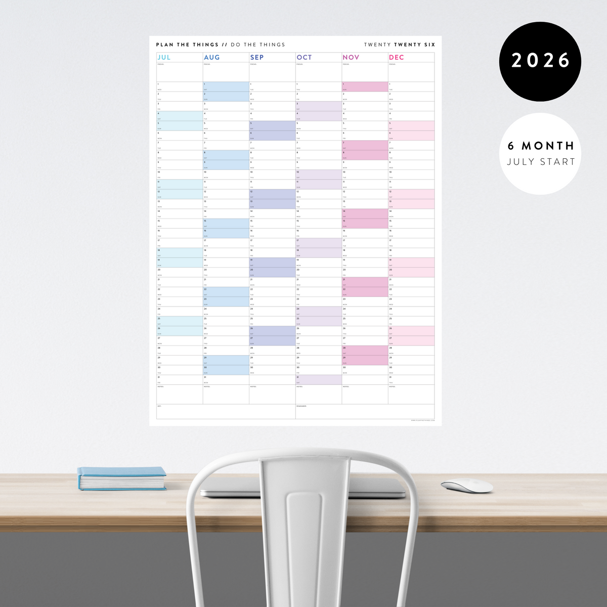 SIX MONTH 2026 GIANT WALL CALENDAR (JULY TO DECEMBER) WITH RAINBOW WEEKENDS