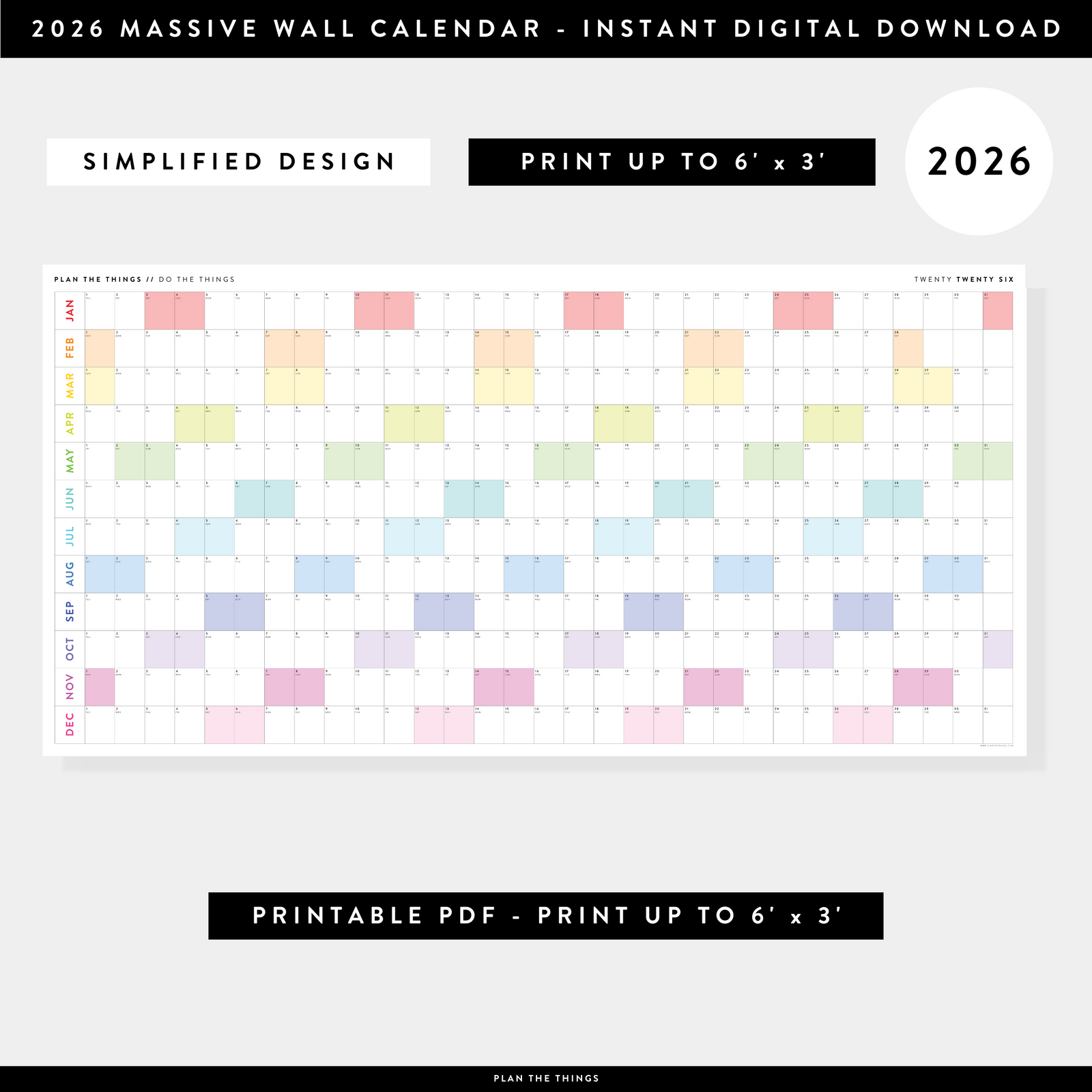 PRINTABLE 6' x 3' MASSIVE 2026 SIMPLIFIED  WALL CALENDAR WITH RAINBOW WEEKENDS - INSTANT DOWNLOAD