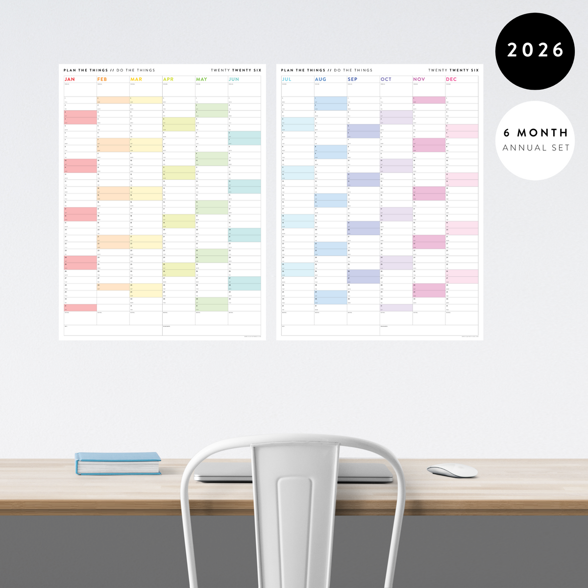 PRINTABLE SIX MONTH 2026 ACADEMIC YEAR WALL CALENDAR SET WITH RAINBOW WEEKENDS - INSTANT DOWNLOAD