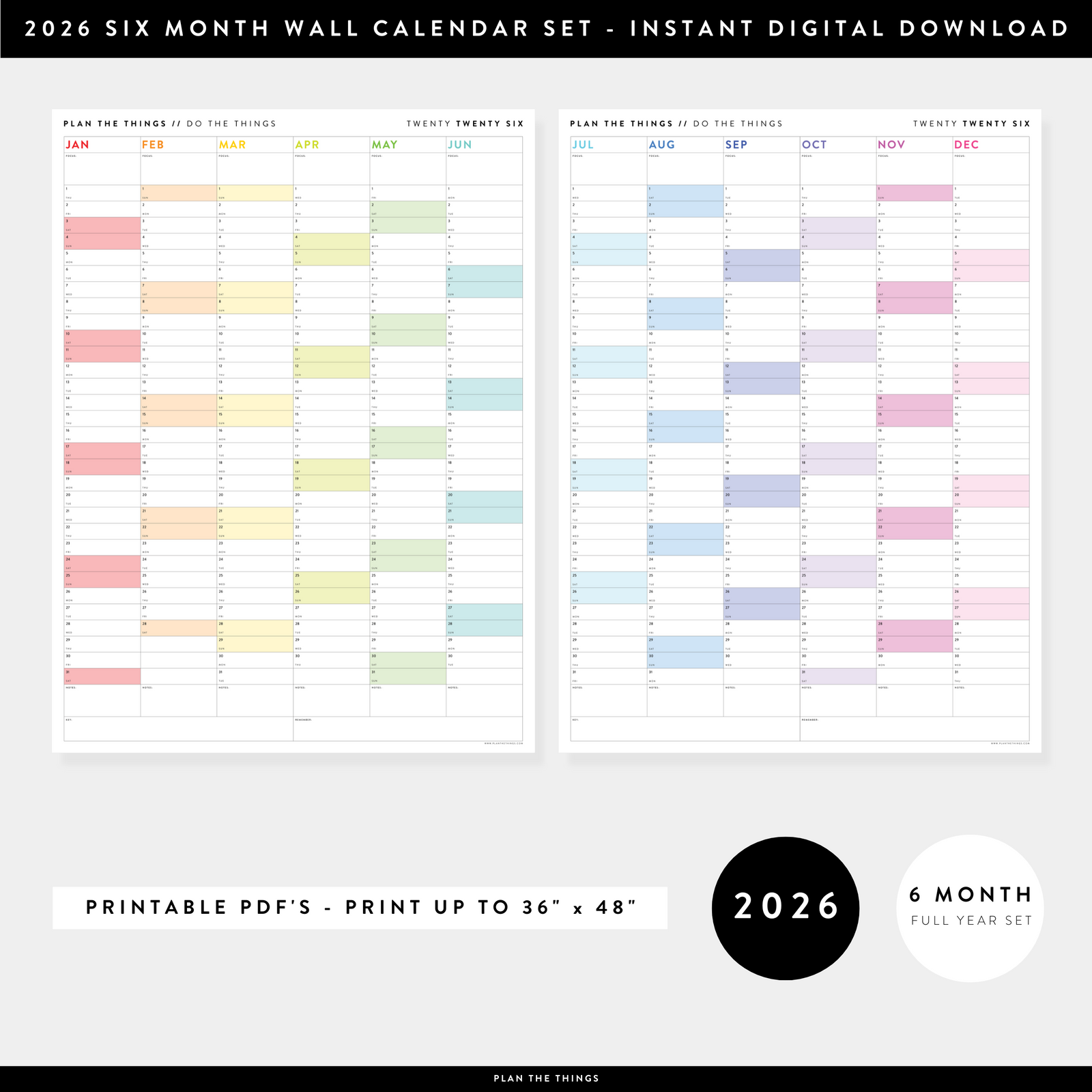 PRINTABLE SIX MONTH 2026 ACADEMIC YEAR WALL CALENDAR SET WITH RAINBOW WEEKENDS - INSTANT DOWNLOAD