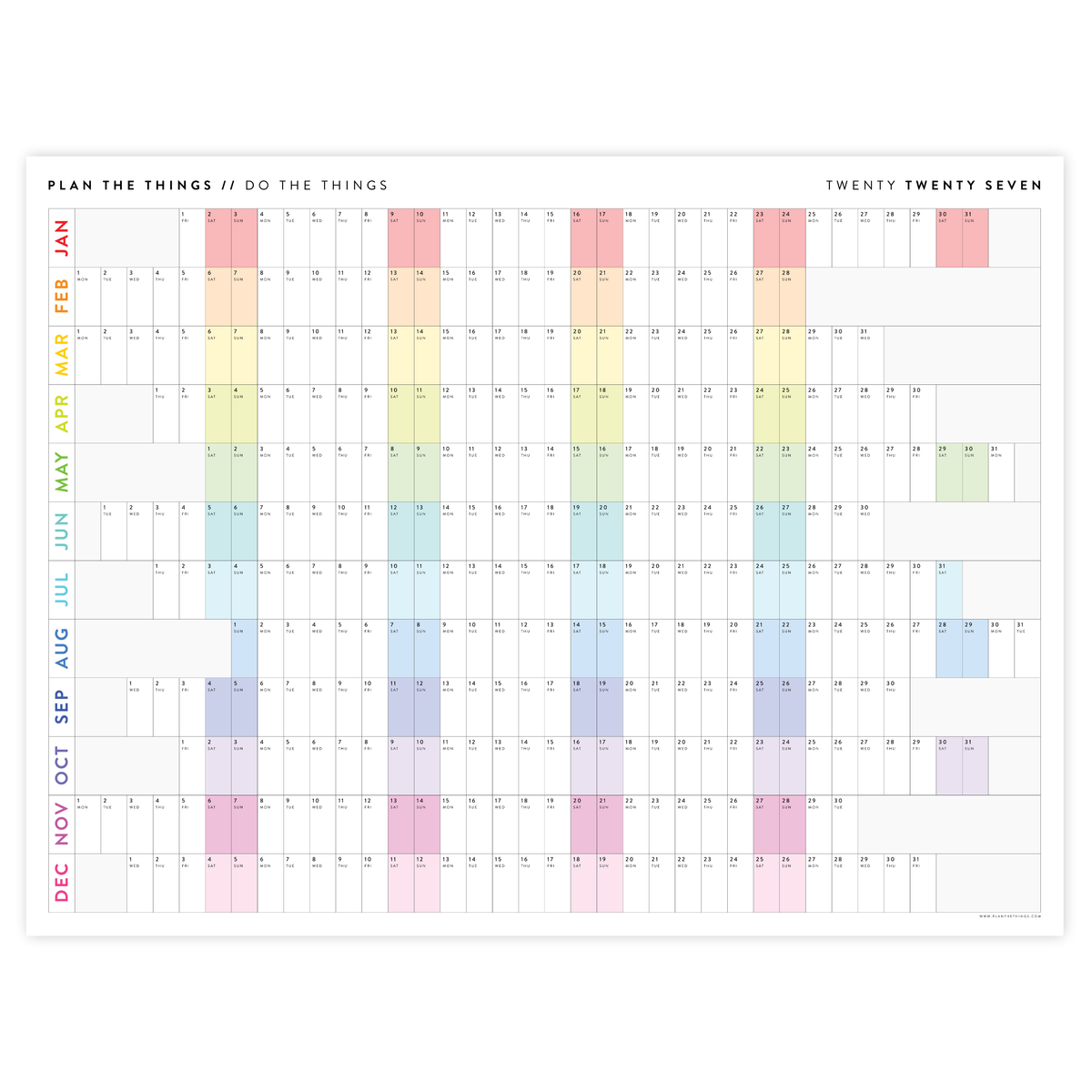 NEW! PRINTABLE 2027 HORIZONTAL WALL CALENDAR WITH ALIGNED WEEKENDS - INSTANT DOWNLOAD PRINT UP TO 48" x 36"