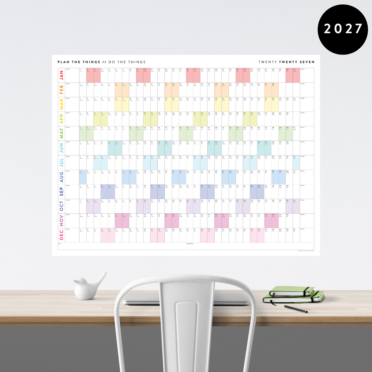 GIANT 2027 ANNUAL WALL CALENDAR | HORIZONTAL WITH RAINBOW WEEKENDS