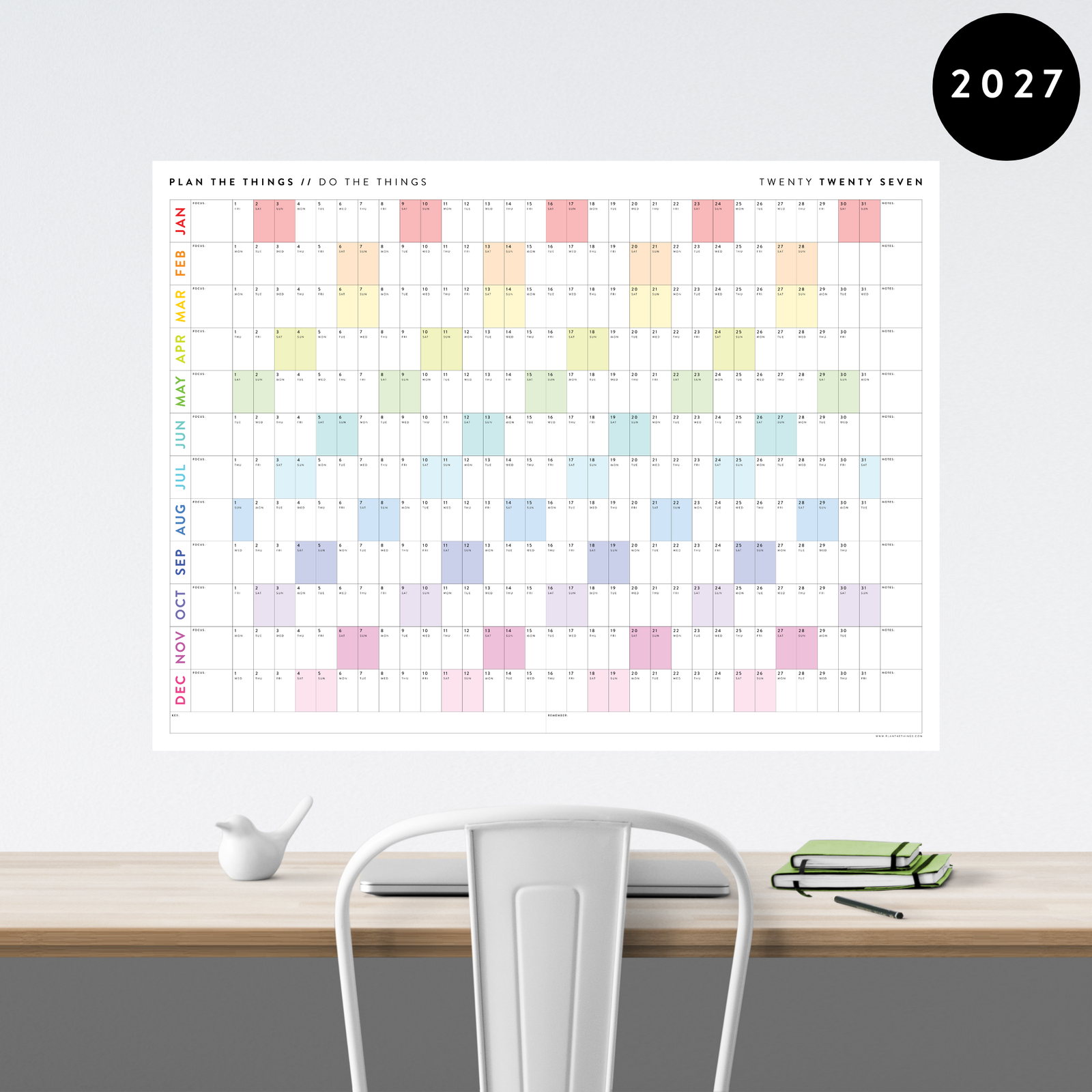 GIANT 2027 ANNUAL WALL CALENDAR | HORIZONTAL WITH RAINBOW WEEKENDS