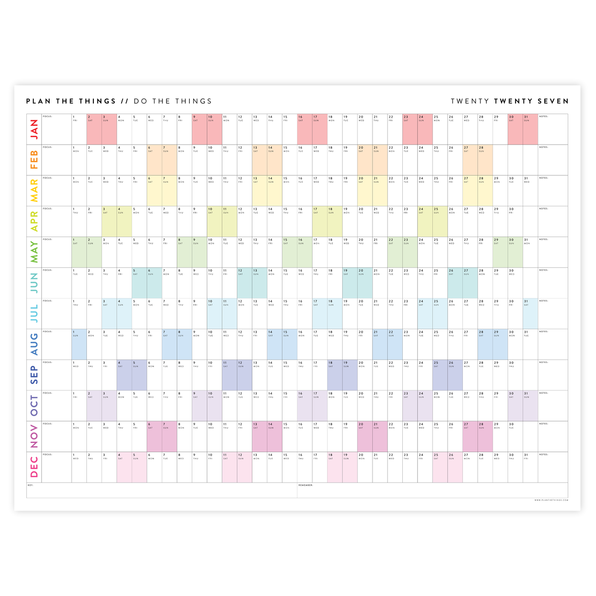 GIANT 2027 ANNUAL WALL CALENDAR | HORIZONTAL WITH RAINBOW WEEKENDS
