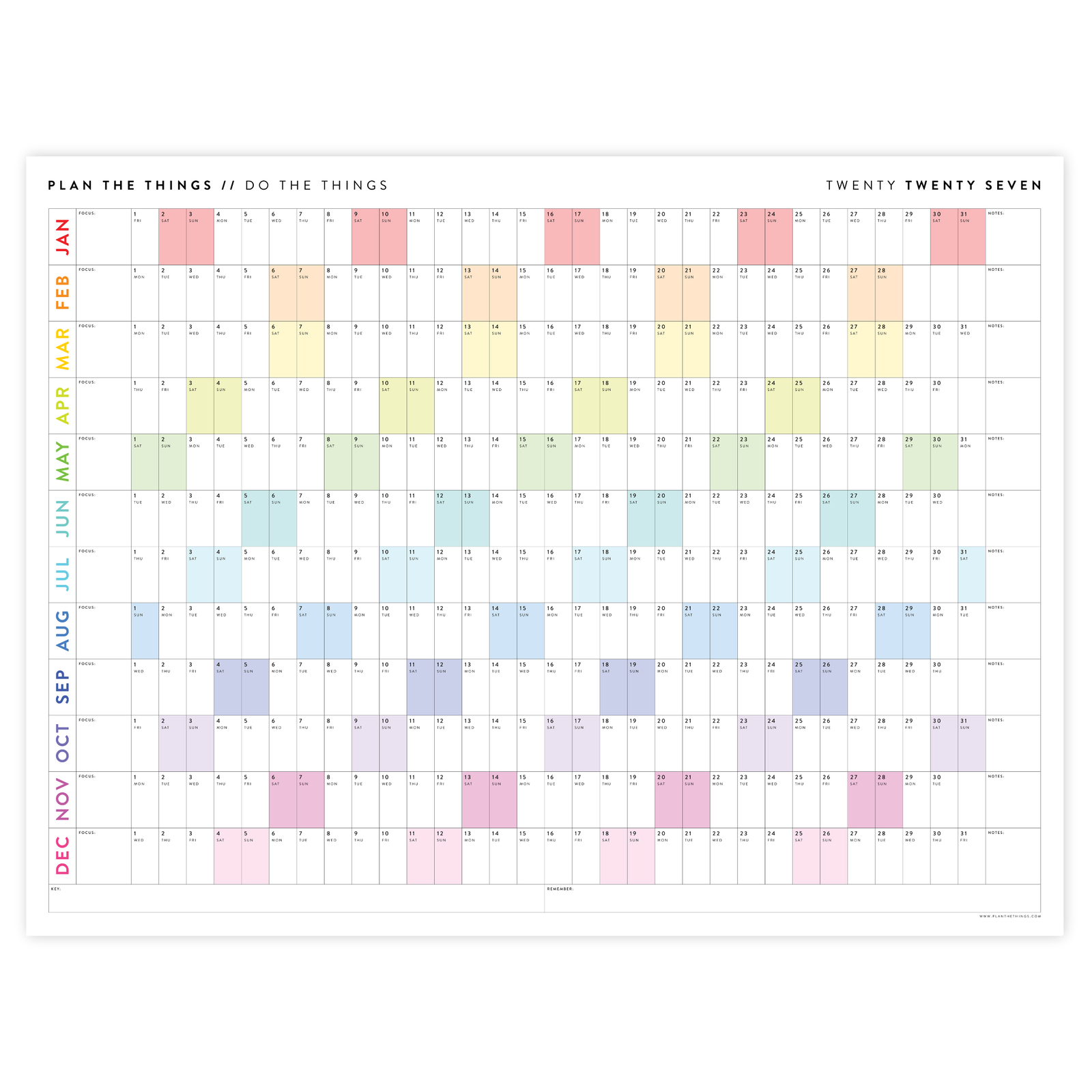 GIANT 2027 ANNUAL WALL CALENDAR | HORIZONTAL WITH RAINBOW WEEKENDS