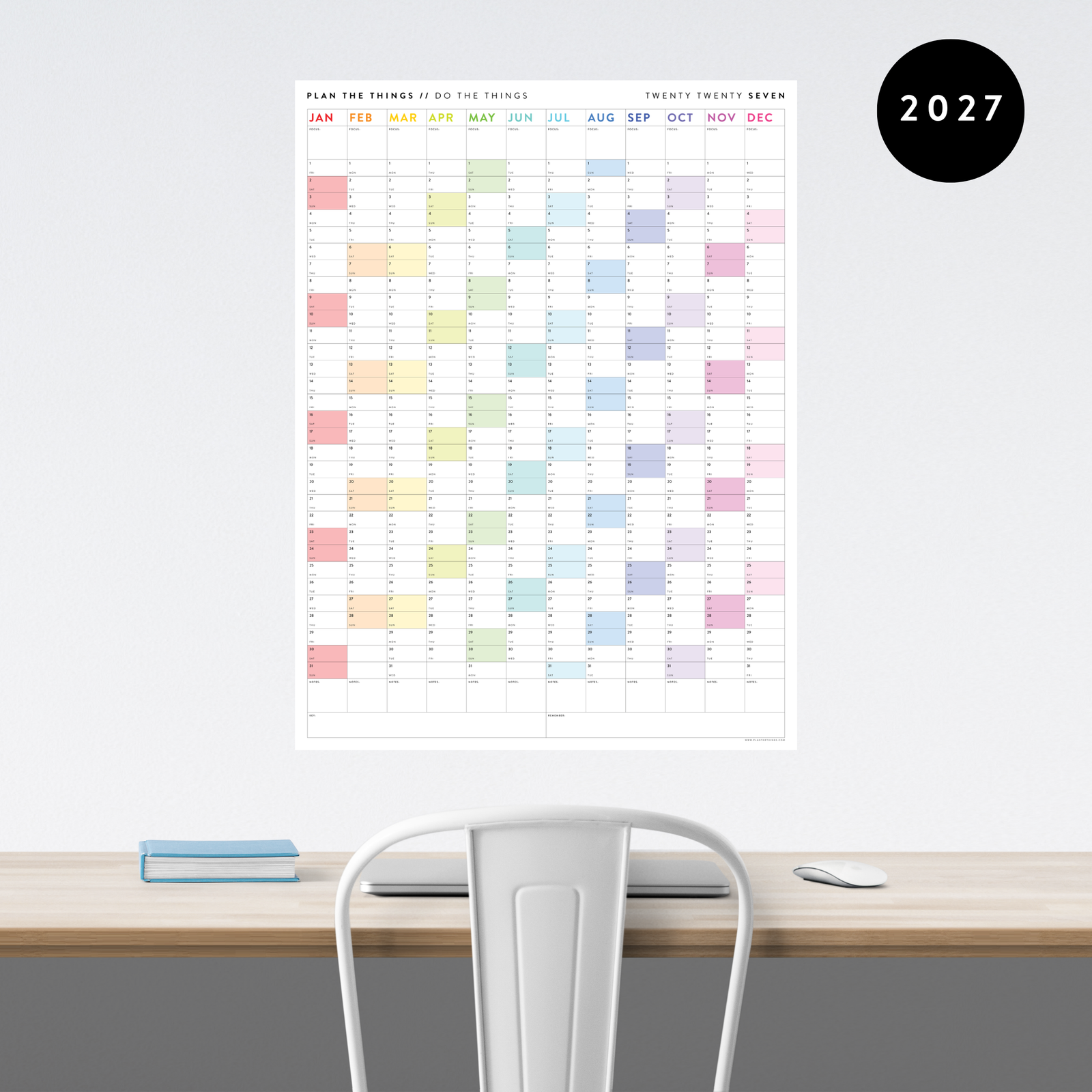 GIANT 2027 ANNUAL WALL CALENDAR | VERTICAL WITH RAINBOW WEEKENDS