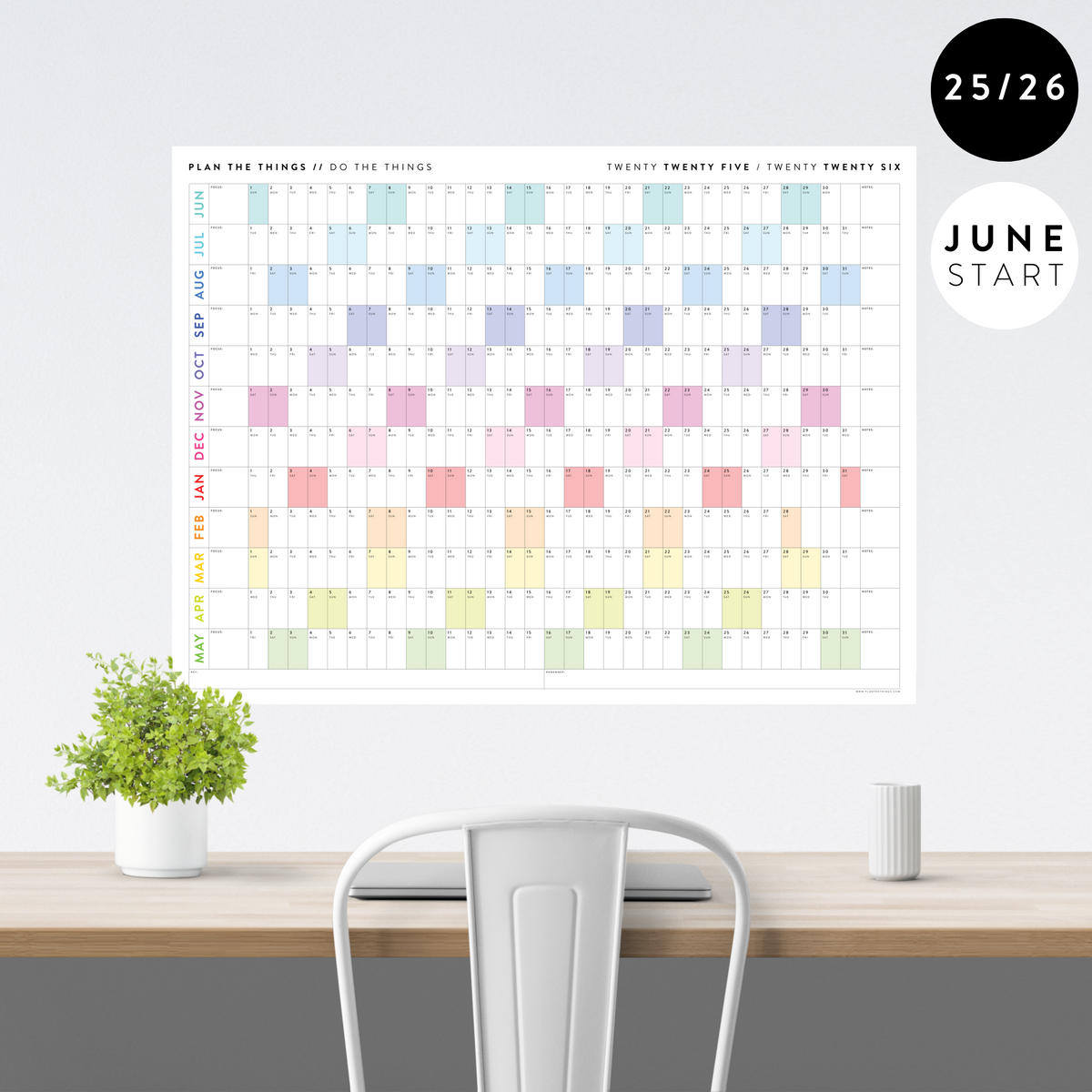 2025 - 2026 ACADEMIC WALL CALENDAR (JUNE START) | HORIZONTAL WITH RAINBOW WEEKENDS