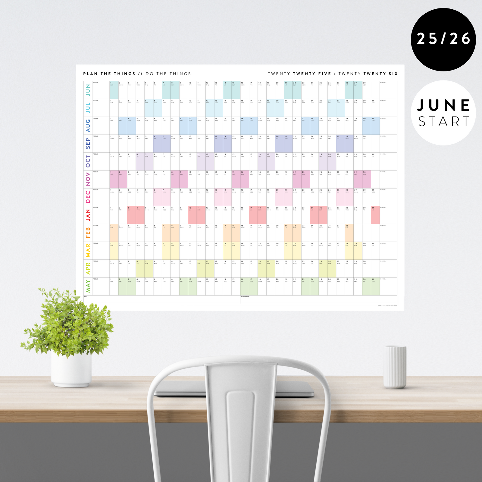 2025 - 2026 ACADEMIC WALL CALENDAR (JUNE START) | HORIZONTAL WITH RAINBOW WEEKENDS
