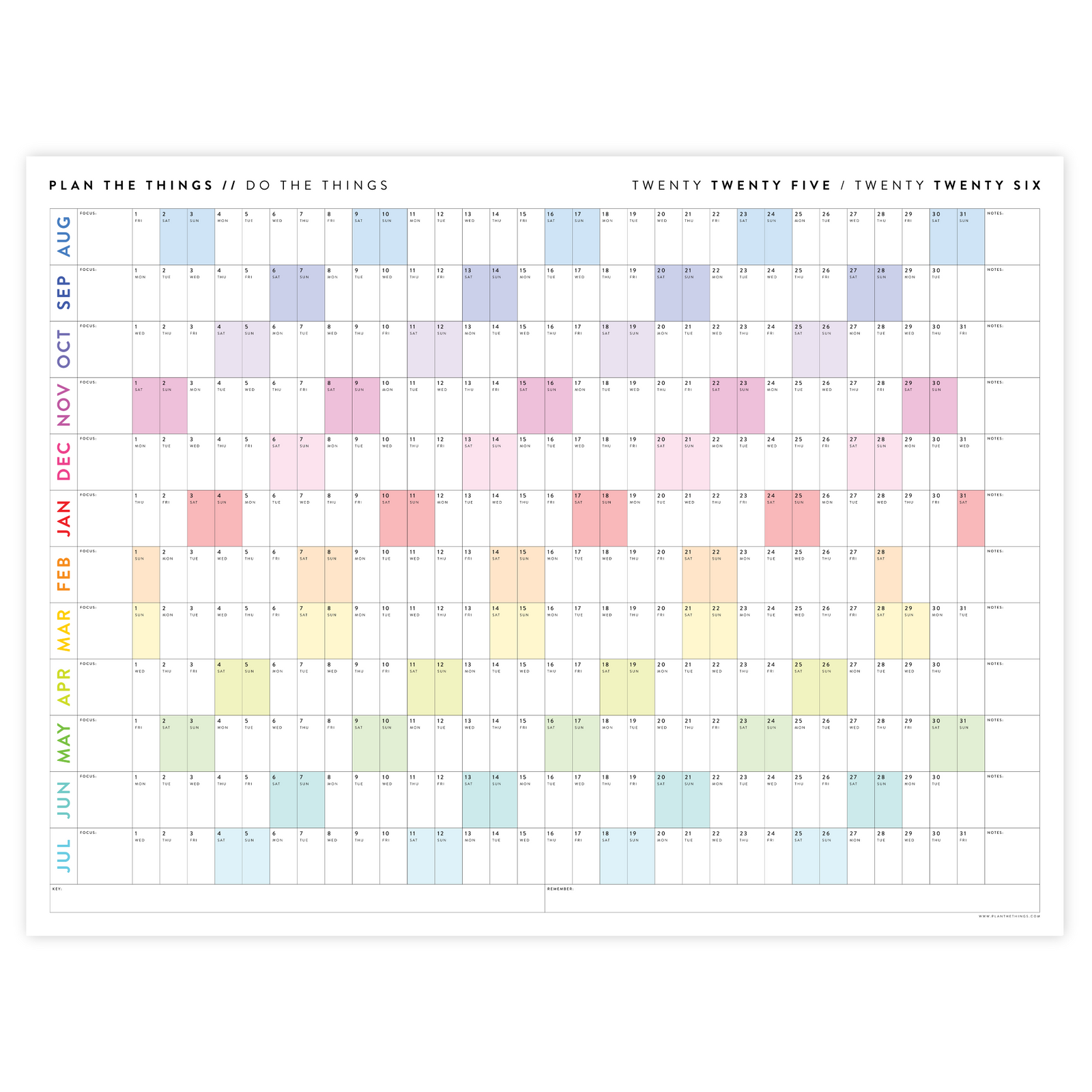 2025 - 2026 ACADEMIC WALL CALENDAR (AUGUST START) | SCHOOL CALENDAR | HORIZONTAL WITH RAINBOW WEEKENDS