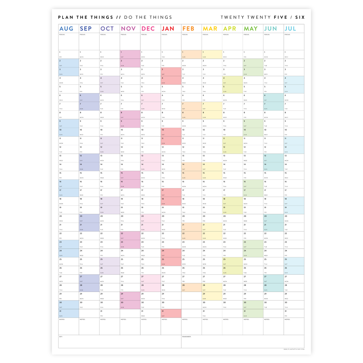 2025 - 2026 ACADEMIC WALL CALENDAR (AUGUST START) | SCHOOL CALENDAR | VERTICAL WITH RAINBOW WEEKENDS