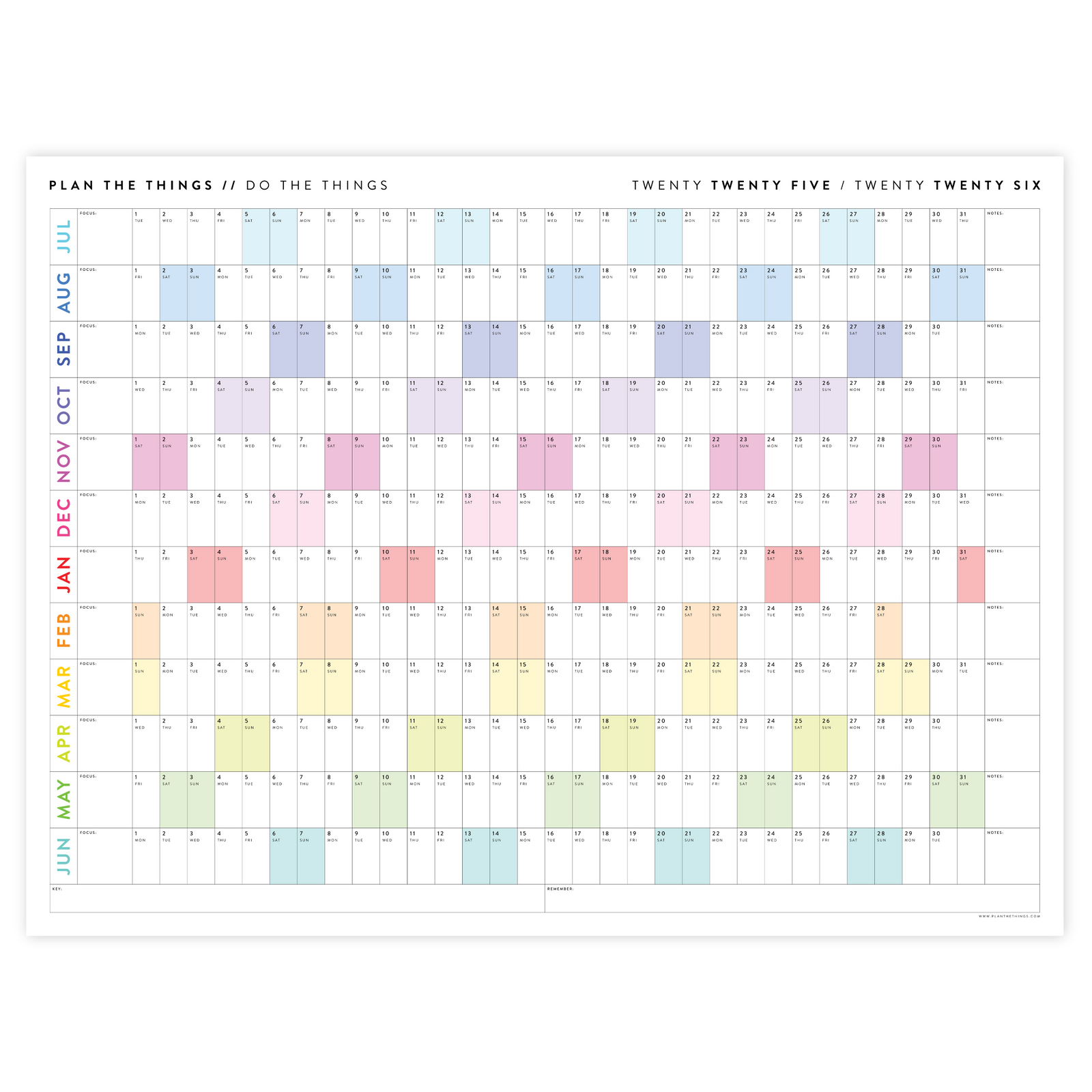 2025 - 2026 ACADEMIC WALL CALENDAR (JULY START) | HORIZONTAL WITH RAINBOW WEEKENDS