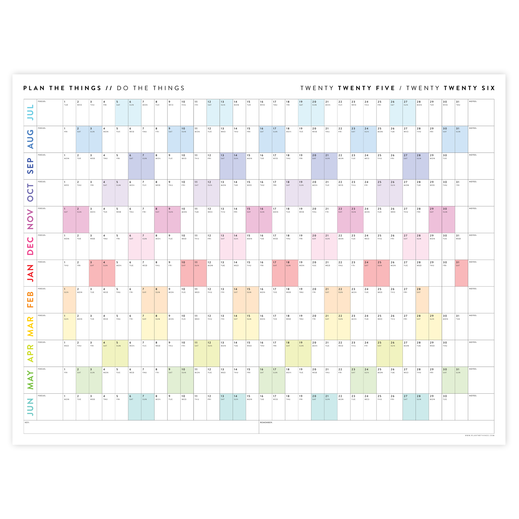 PRINTABLE 2025 - 2026 ACADEMIC WALL CALENDAR (JULY START) | HORIZONTAL WITH RAINBOW WEEKENDS - INSTANT DOWNLOAD