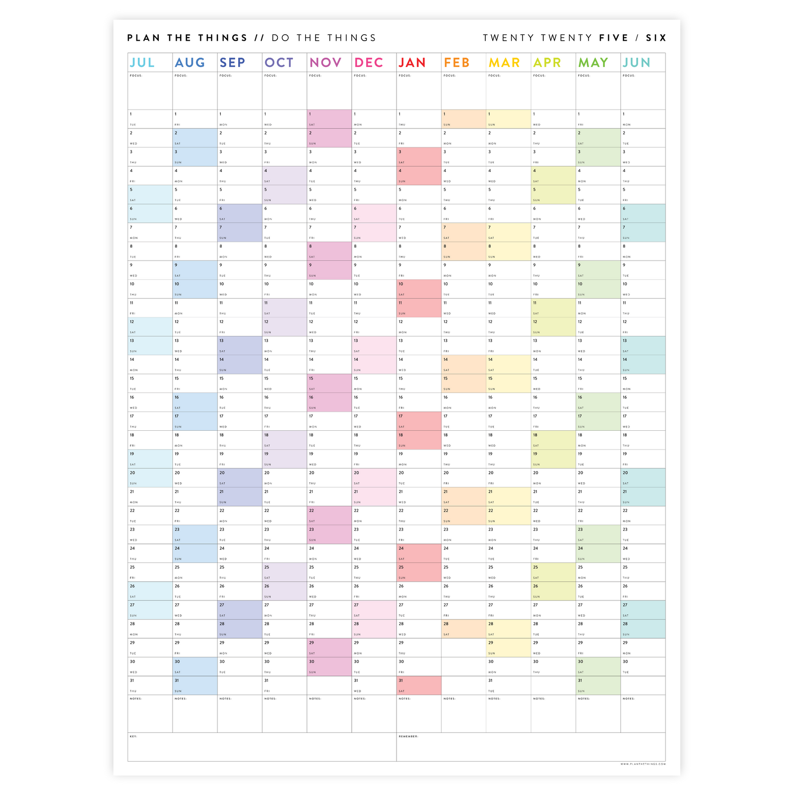 2025 - 2026 ACADEMIC WALL CALENDAR (JULY START) | VERTICAL WITH RAINBOW WEEKENDS